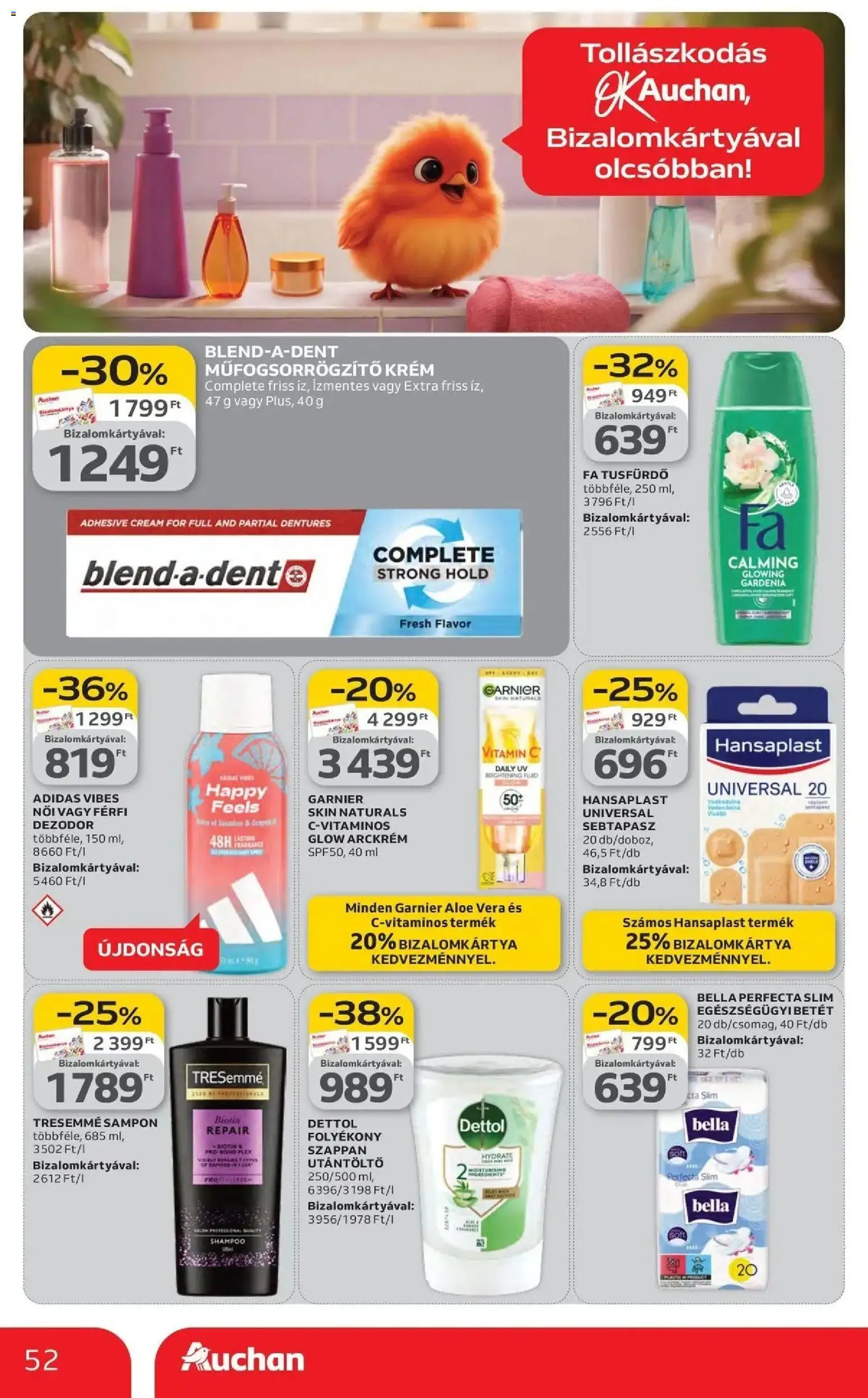 Auchan akciós ujság - amely érvényes a következő dátumtól: 19.03.2026 | Oldal: 52 | Termékek: Arckrém, Sebtapasz, Sampon, Szappan