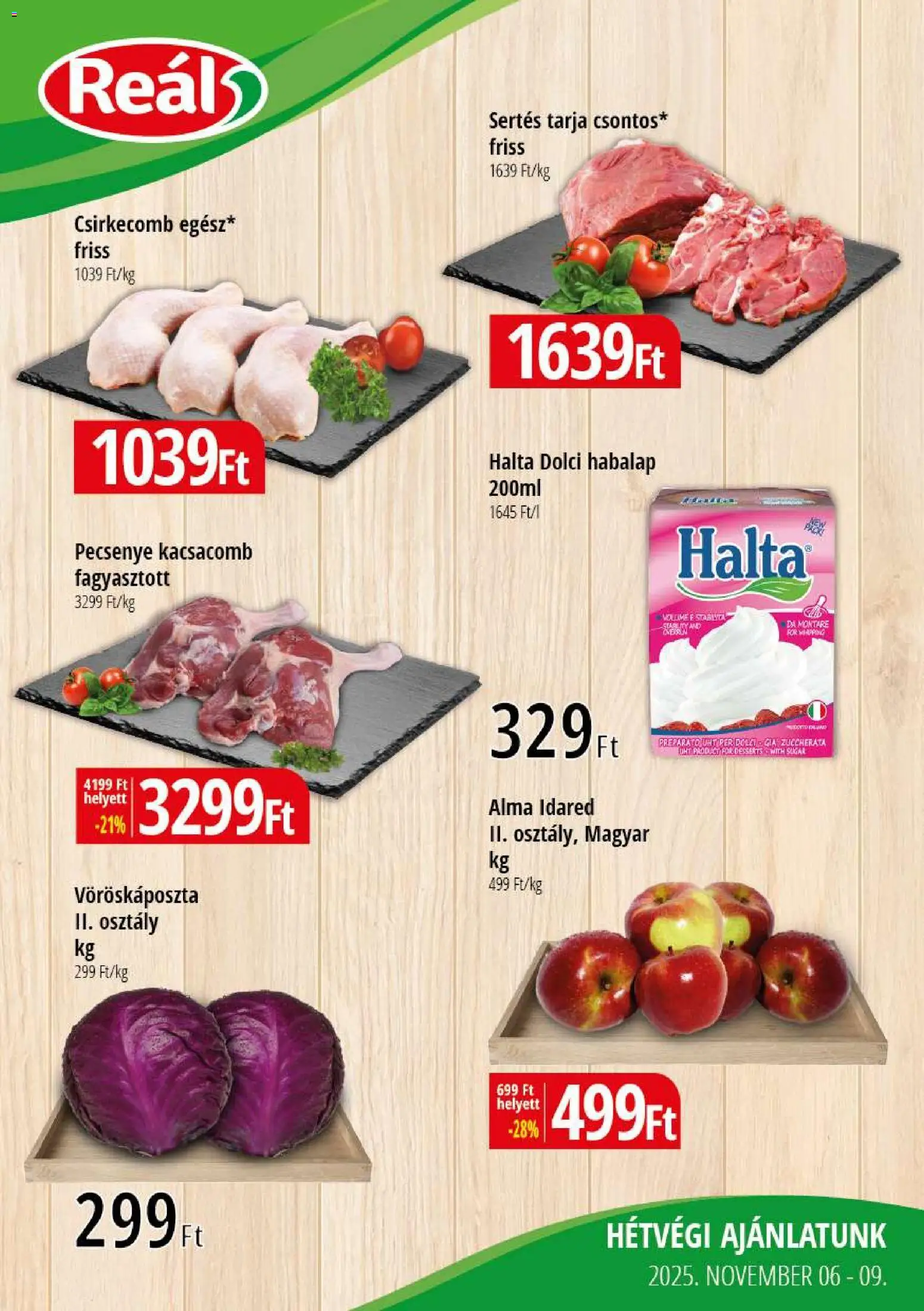 Reál akciós ujság - amely érvényes a következő dátumtól: 06.11.2025 | Oldal: 1 | Termékek: Kacsacomb, Tarja, Alma, Csirkecomb