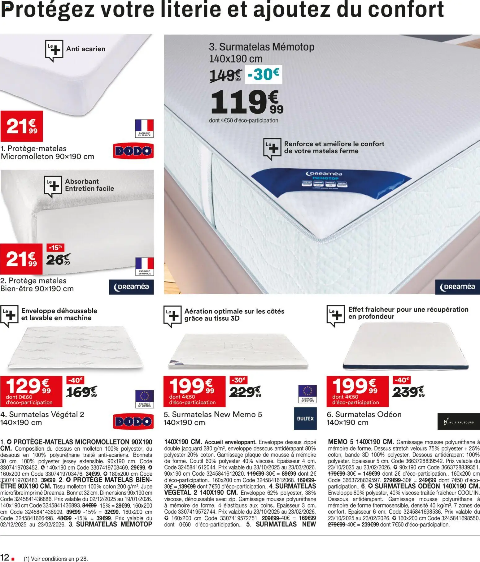 {H1} | Page: 12 | Produits: Surmatelas, Enveloppe, Mousse, Matelas