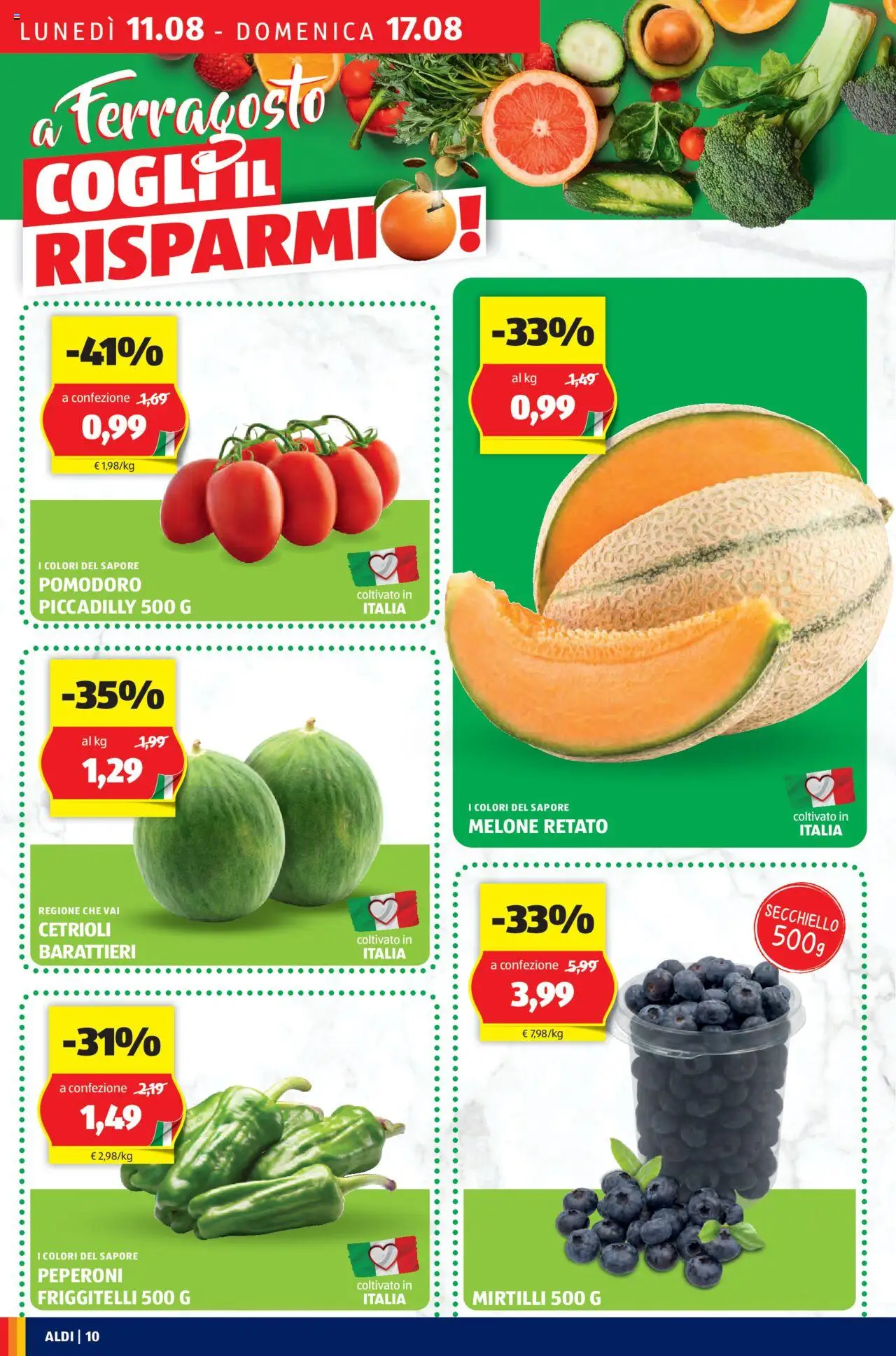 Volantino Aldi del 11.08.2025 | Pagina: 10 | Prodotti: Cetrioli, Melone, Mirtilli, Friggitelli