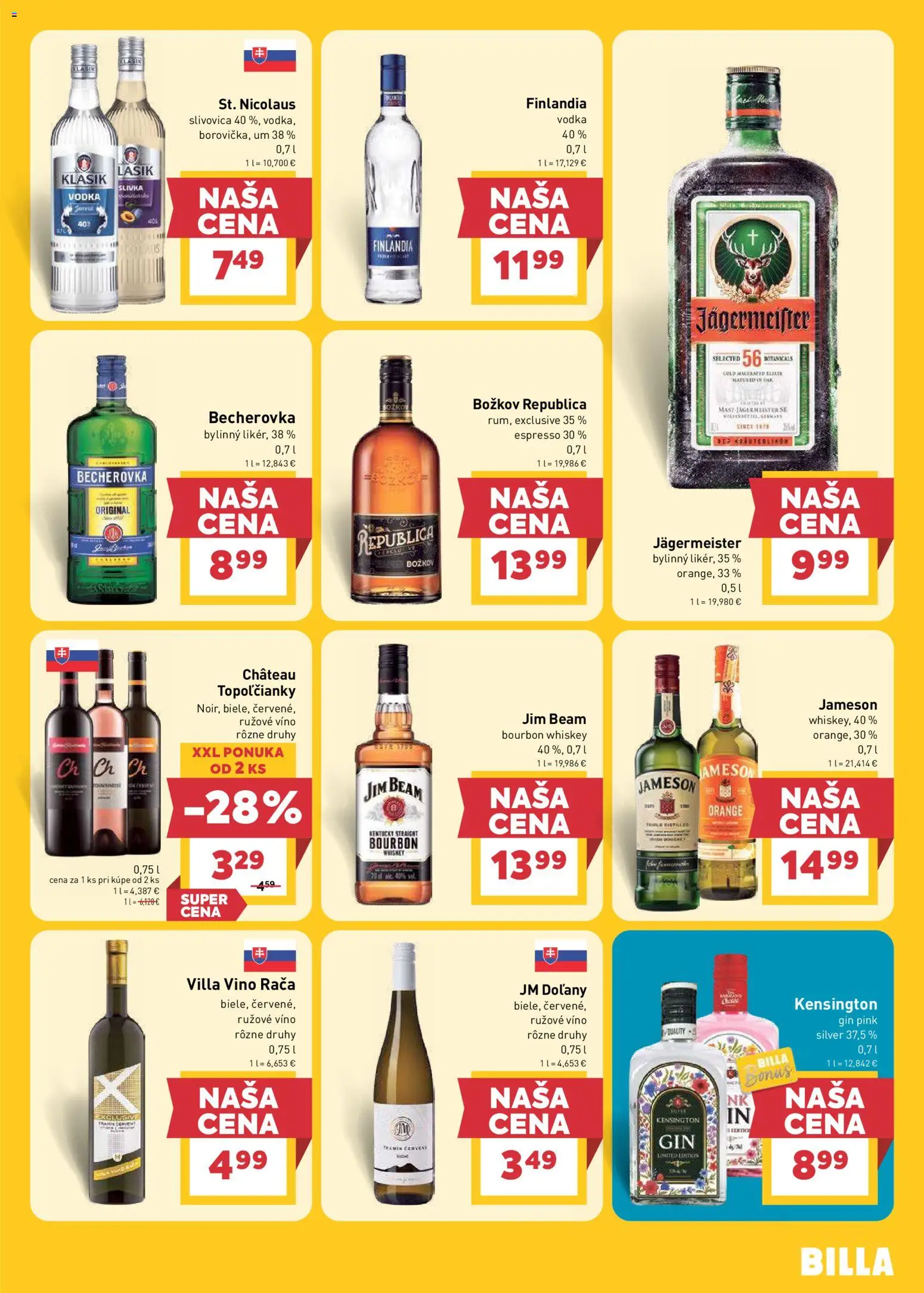 Nové Billa akcie – leták je platný od 22.04.2026 | Strana: 21 | Produkty: Becherovka, Jim Beam, Rúžové víno, Gin
