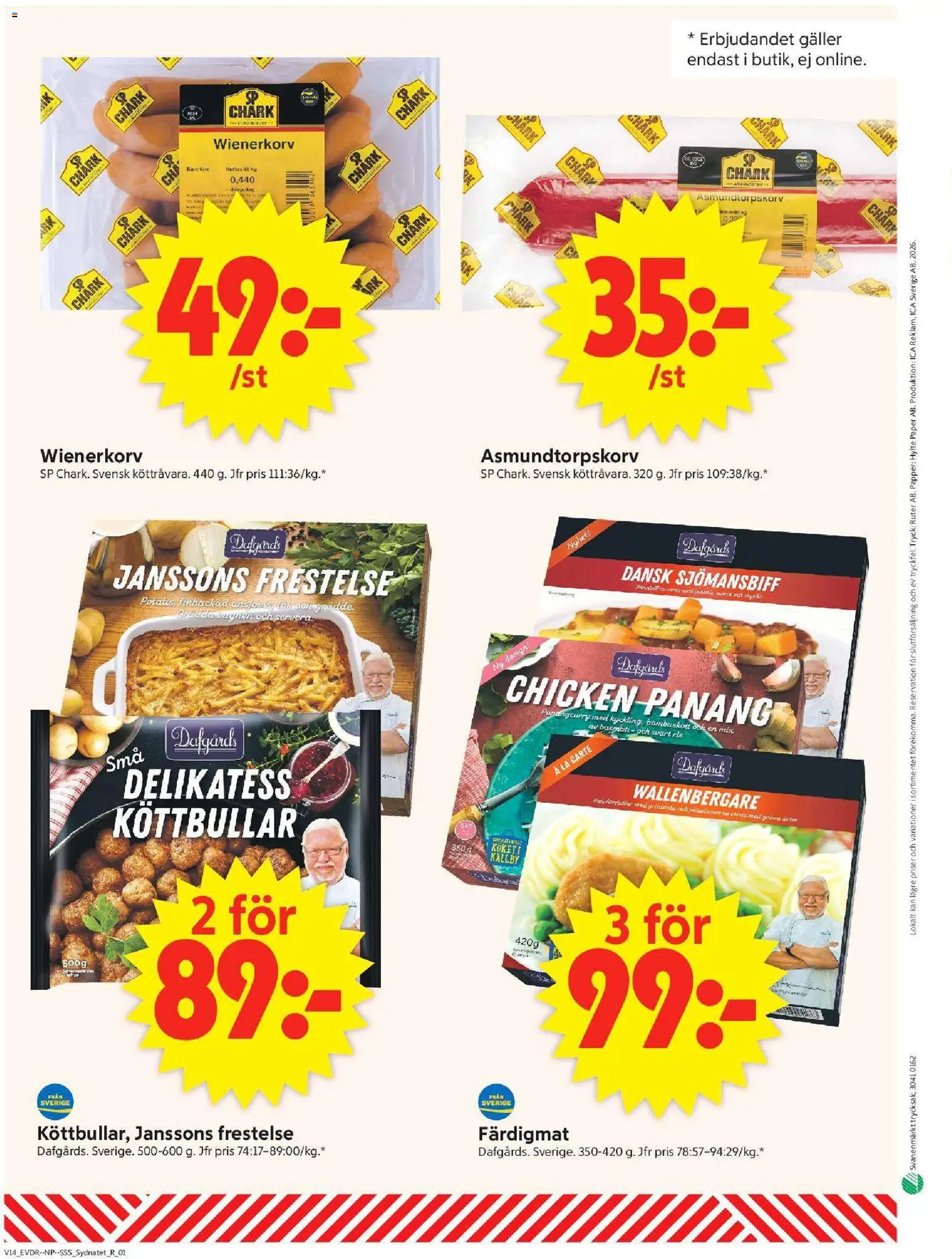 ICA Supermarket reklamblad aktuell från 30.03.2026 | Sida: 14 | Produkter: Köttbullar, Galler, Wienerkorv, Papper