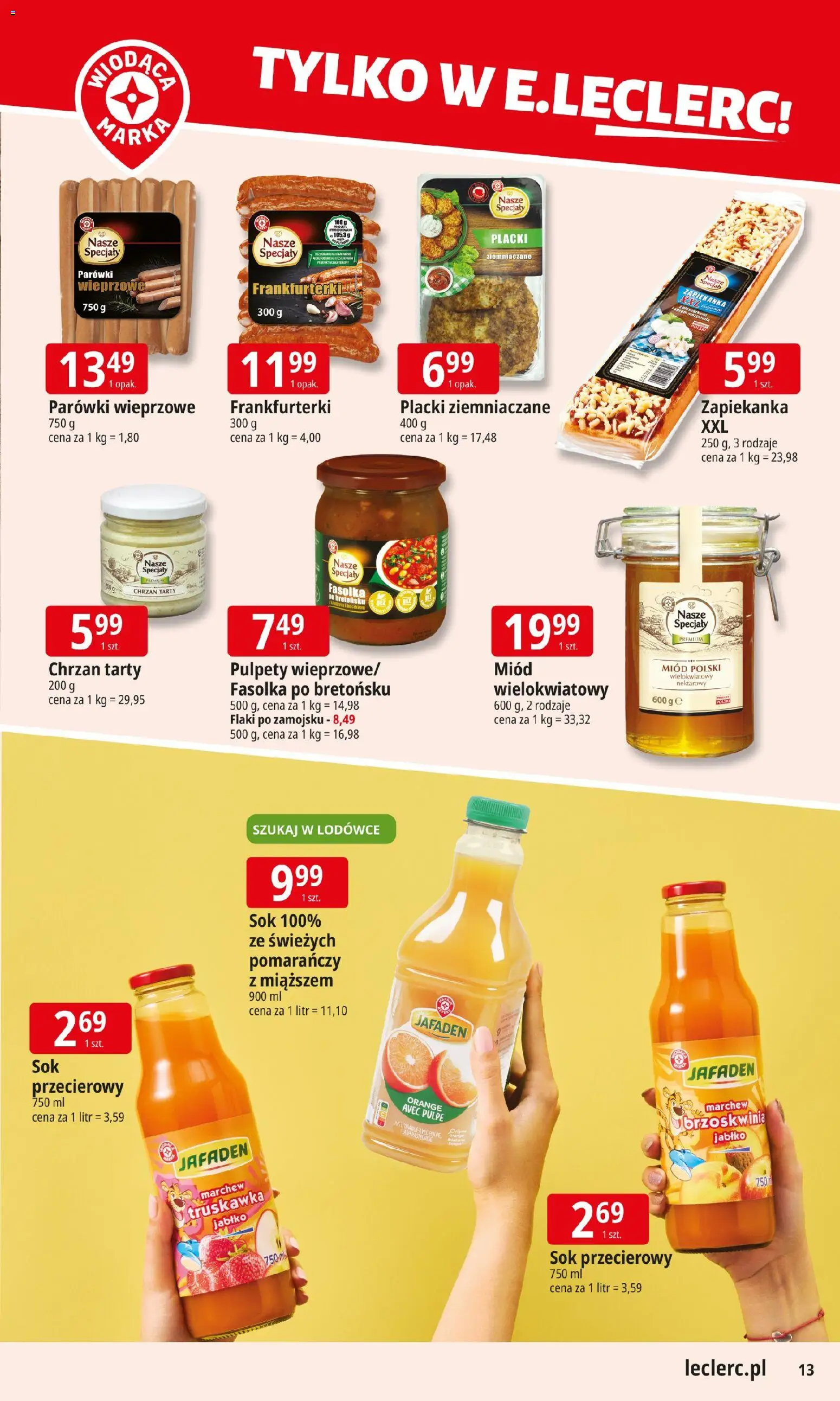E.Leclerc Gazetka - Kłodzko od 10.11.2025 | Strona: 13 | Produkty: Miód, Frankfurterki, Zapiekanka, Sok