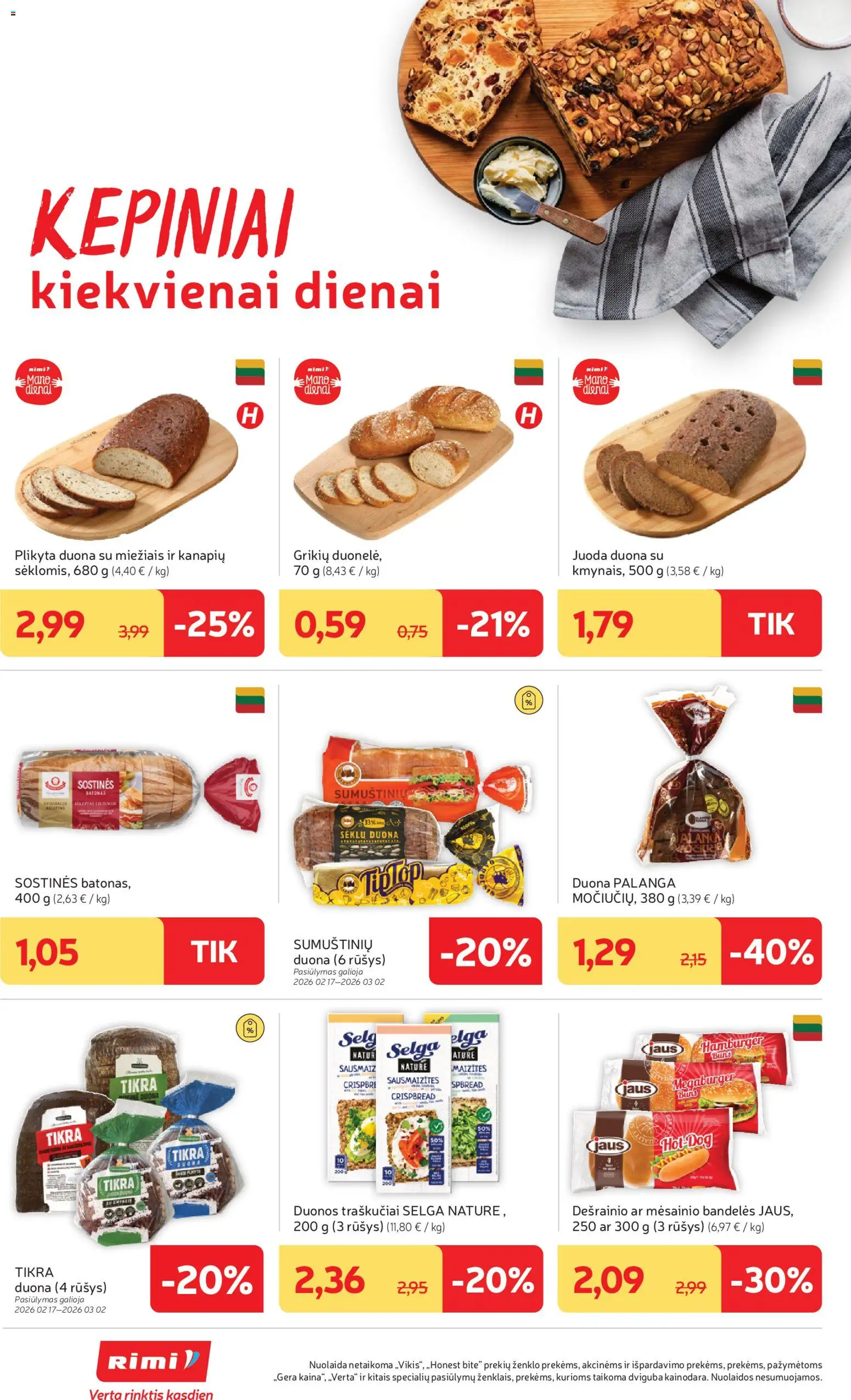 Rimi akcijos nuo 24.02.2026 | Puslapis: 14 | Prekių: Batonas, Bandelės, Duona, Traškučiai