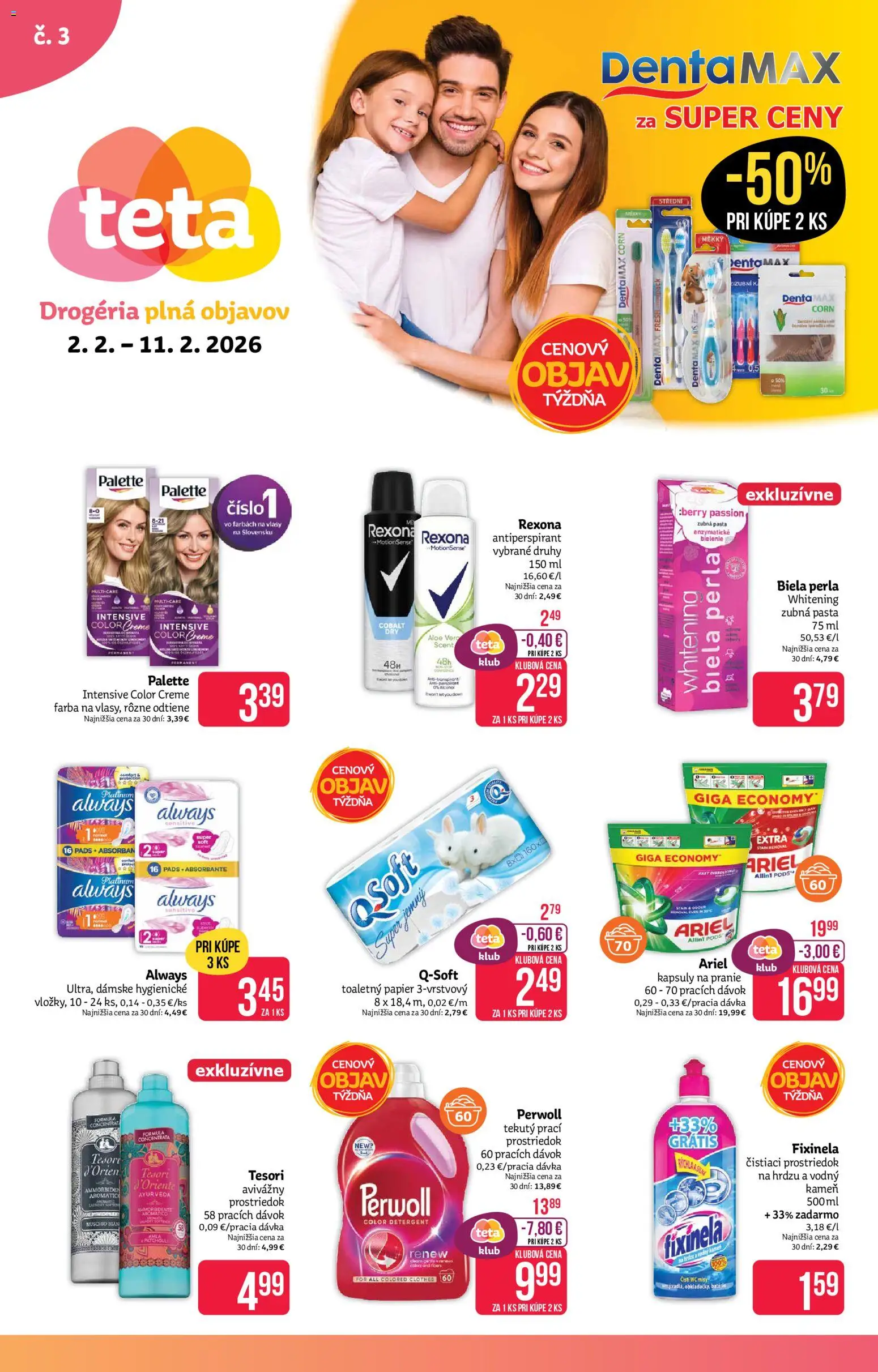 Nové Teta drogerie akcie – leták je platný od 02.02.2026 | Strana: 1 | Produkty: Wc, Toaletný papier, Antiperspirant, Ariel