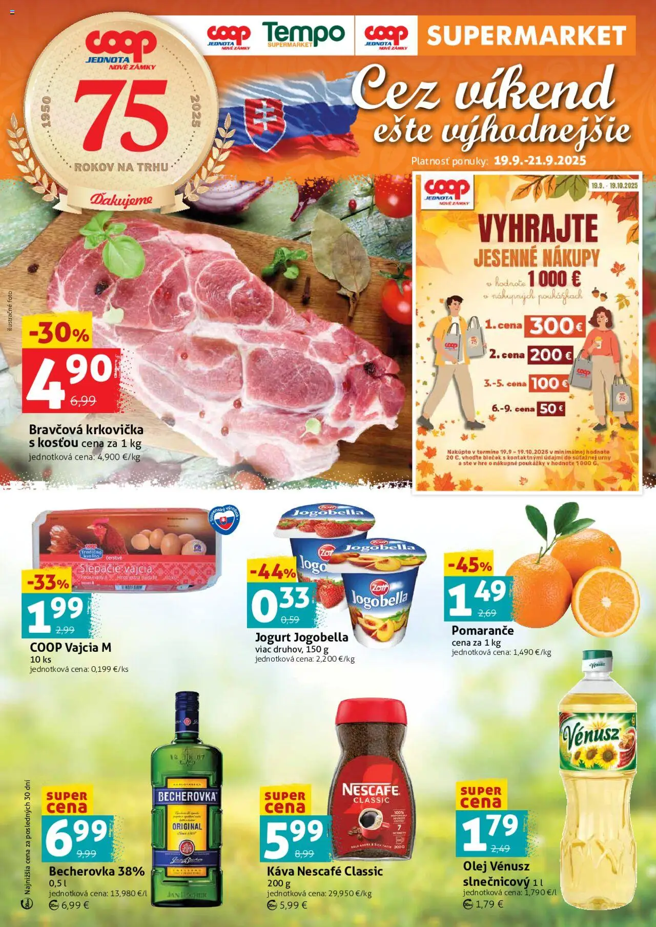Nové COOP Jednota akcie – leták je platný od 19.09.2025 | Strana: 1 | Produkty: Becherovka, Jogurt, Vajcia, Pomaranče