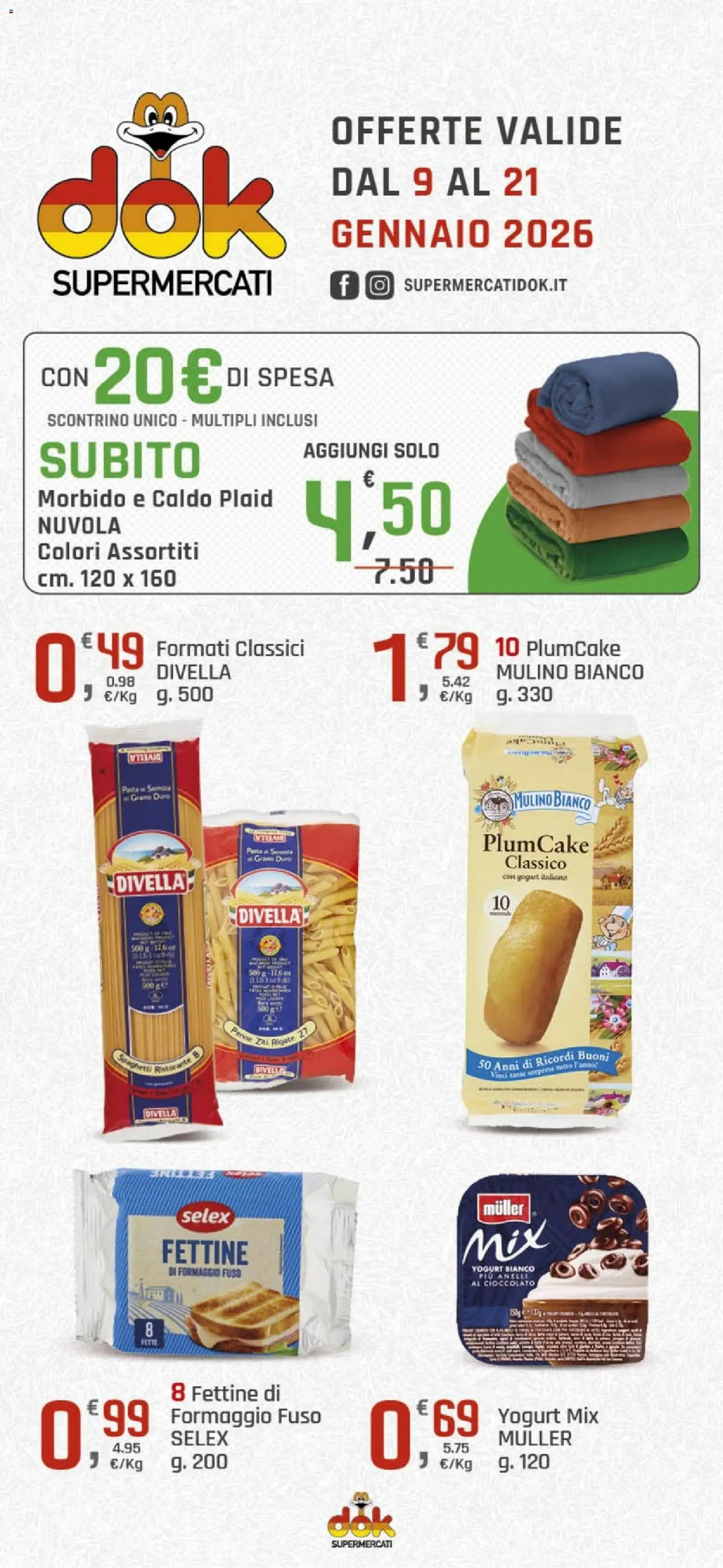 Volantino DOK del 09.01.2026 | Pagina: 1 | Prodotti: Yogurt, Formaggio, Plumcake, Penne