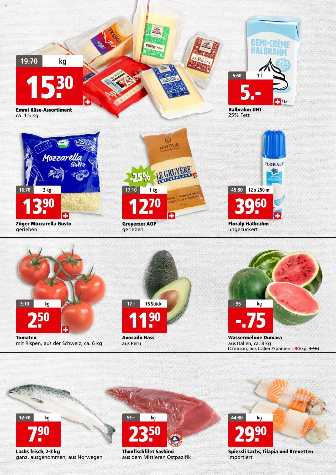 Aligro Aktionen Schlieren, Gossau SG, Frauenfeld, Rapperswil-Jona, Sargans, Bern, Brüttisellen, Pratteln, Emmen, Spreitenbach ab 11.08.2025 | Seite: 2 | Produkte: Lachs, Avocado, Tomaten, Wassermelone