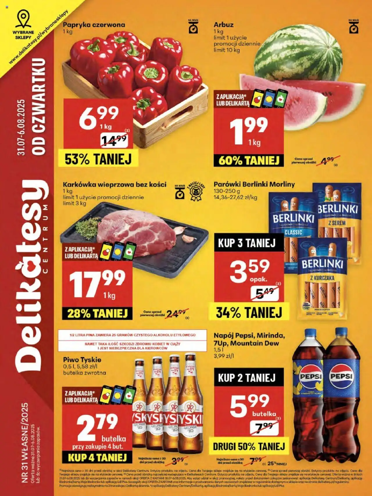 Delikatesy Centrum Gazetka - Sklepy Własne od 31.07.2025 | Strona: 1 | Produkty: Karkówka, Parówki berlinki, Papryka, Delikatesy