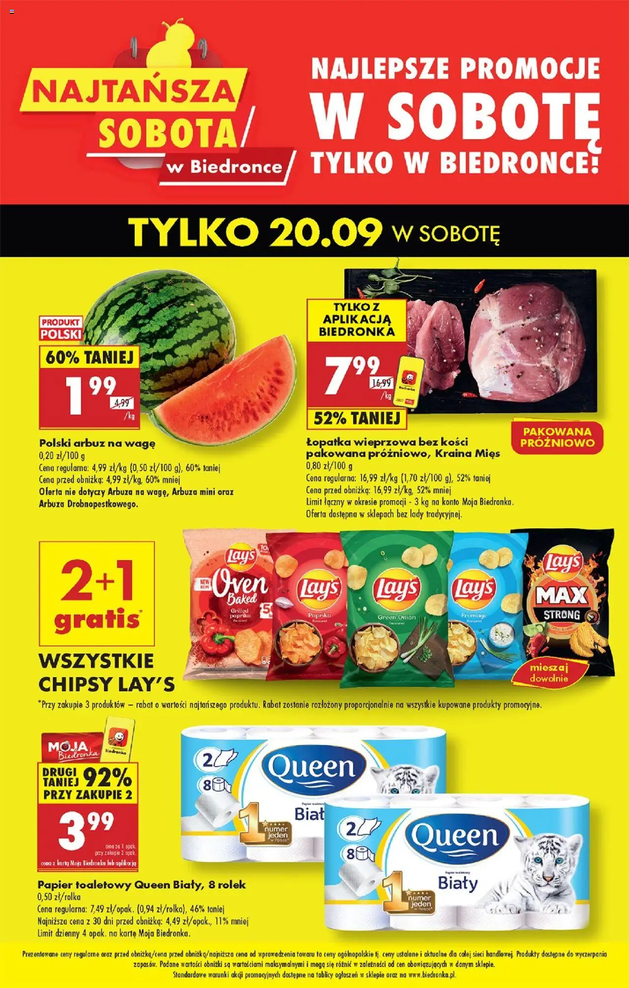 Biedronka gazetka - Najtańsza sobota od 20.09.2025 | Strona: 1 | Produkty: Papier toaletowy queen, Karta, Papier toaletowy, Kraina mięs