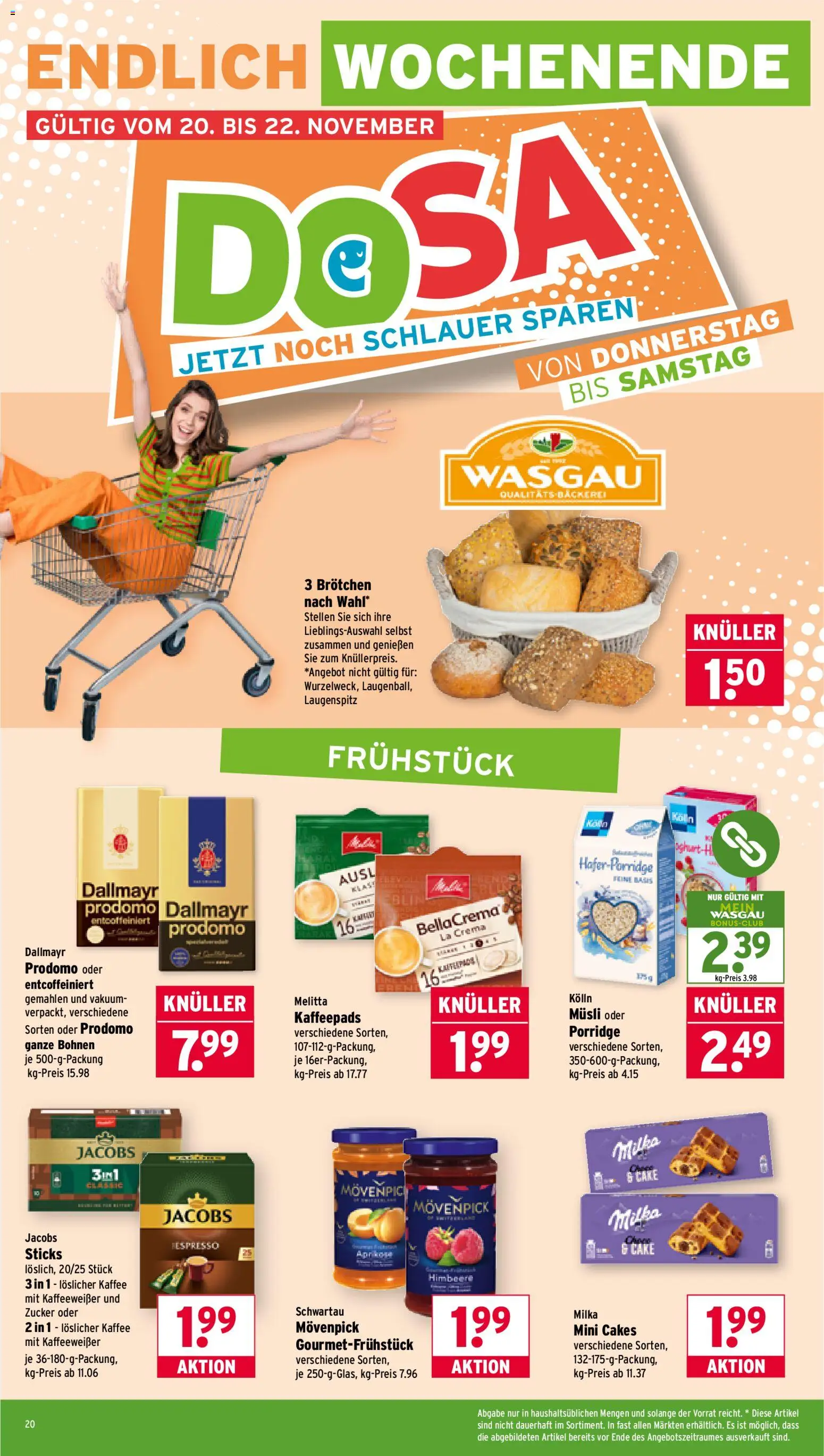 Wasgau Prospekt 	 – gültig ab 17.11.2025 | Seite: 20 | Produkte: Melitta, Kaffeepads, Zucker, Dallmayr prodomo
