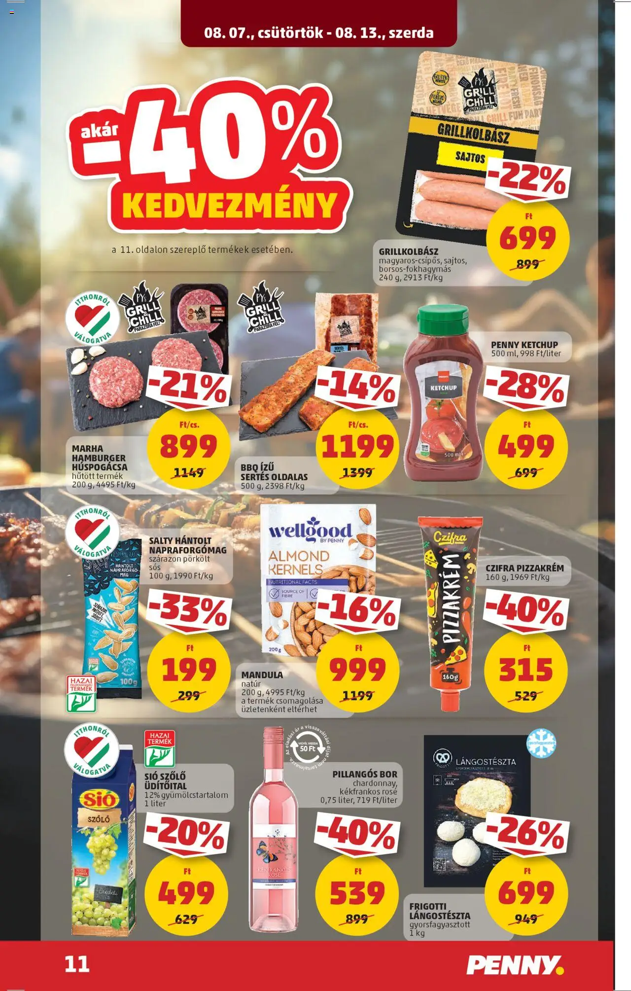 PENNY akciós ujság - amely érvényes a következő dátumtól: 07.08.2025 | Oldal: 15 | Termékek: Hamburger, Grillkolbász, Mandula, Bor
