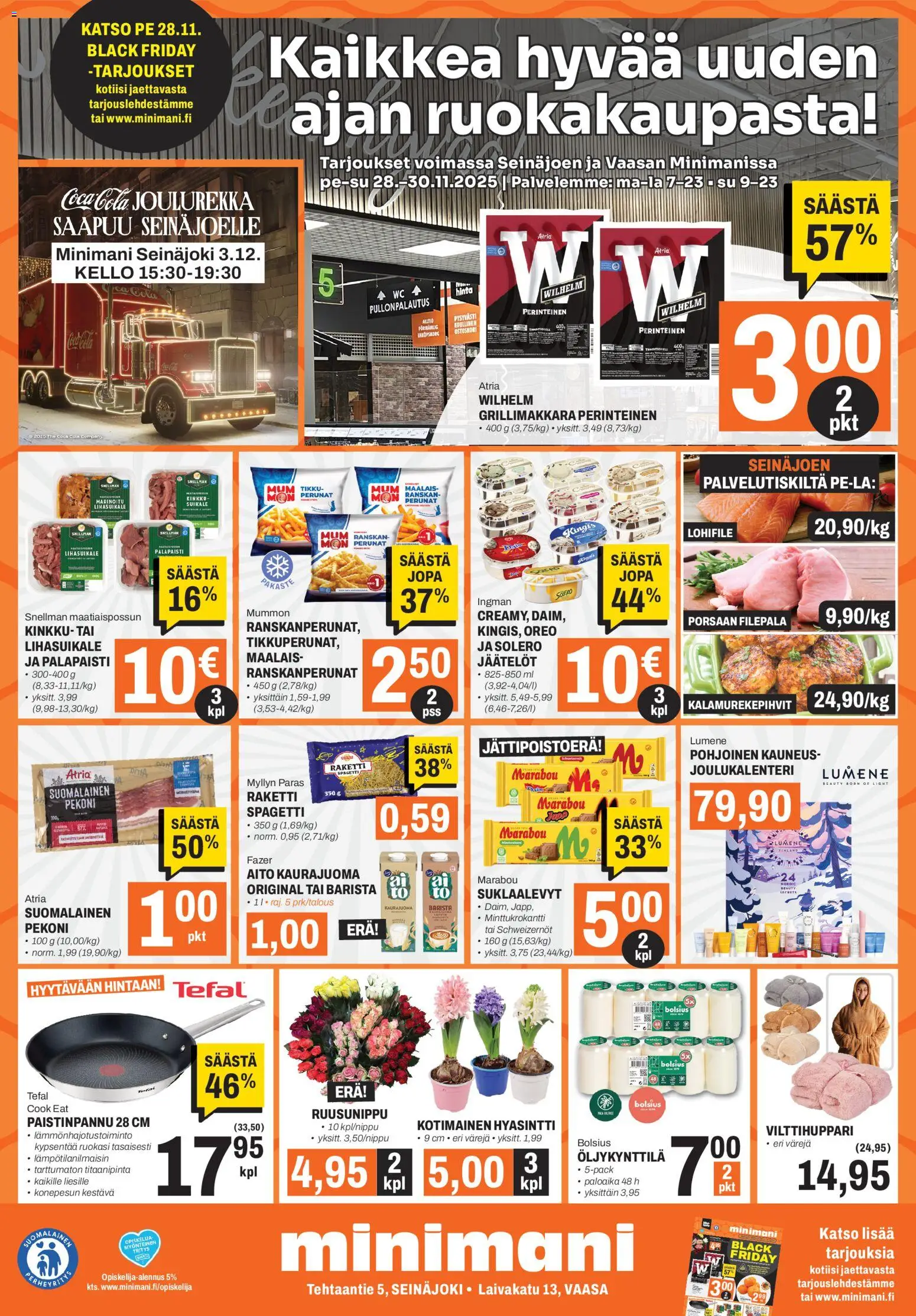 Minimani Tarjoukset - Black Friday Vaasa – voimassa 28.11.2025 alkaen | Sivu: 1 | Tuotteet: Joulukalenteri, WC, Spagetti, Grillimakkara