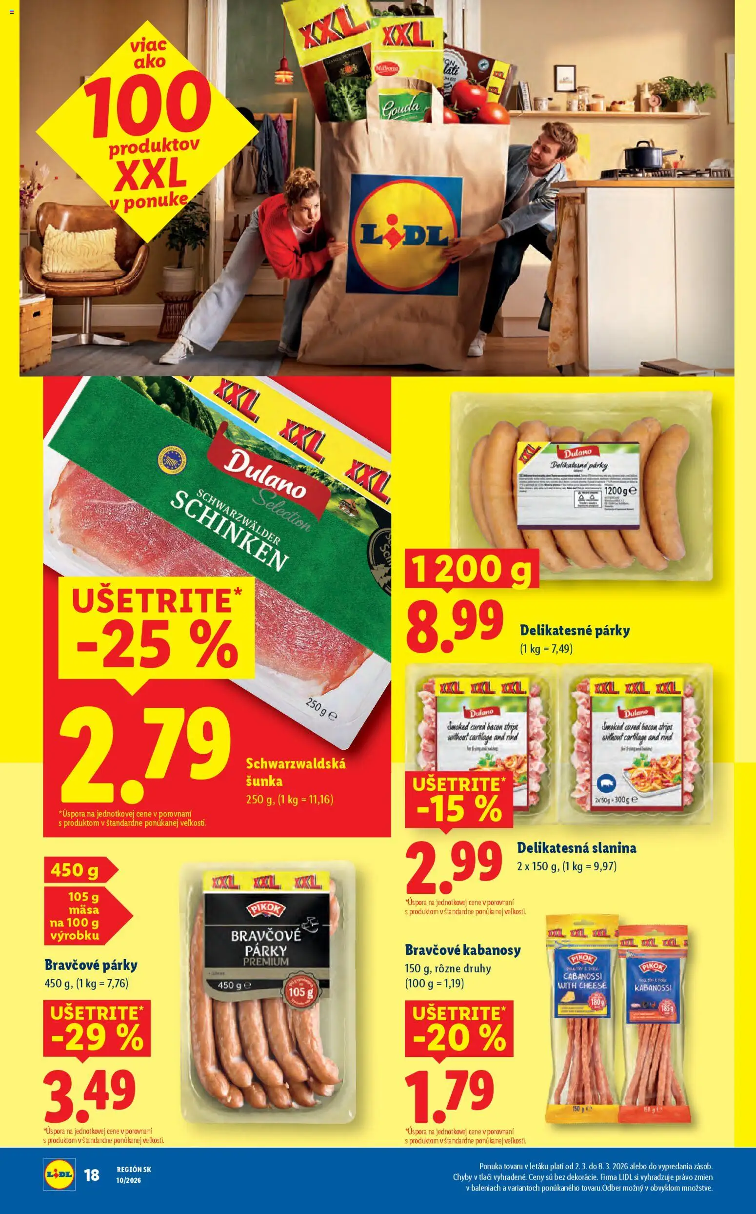Nové Lidl akcie – leták je platný od 02.03.2026 | Strana: 20 | Produkty: Šunka, Slanina, Gouda, Párky