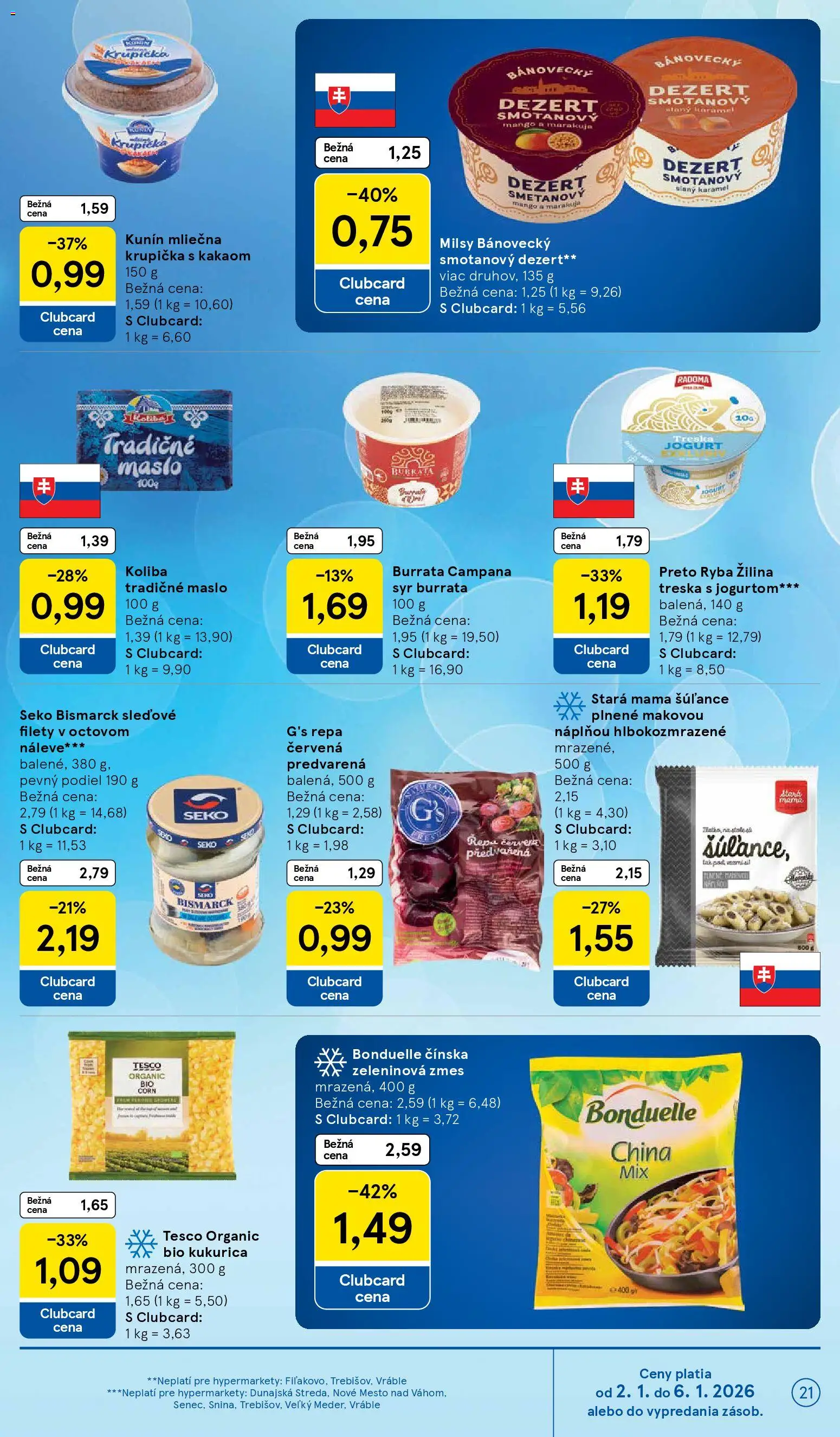 Nové Tesco akcie – leták je platný od 02.01.2026 | Strana: 21 | Produkty: Maslo, Jogurt, Mango, Kukurica