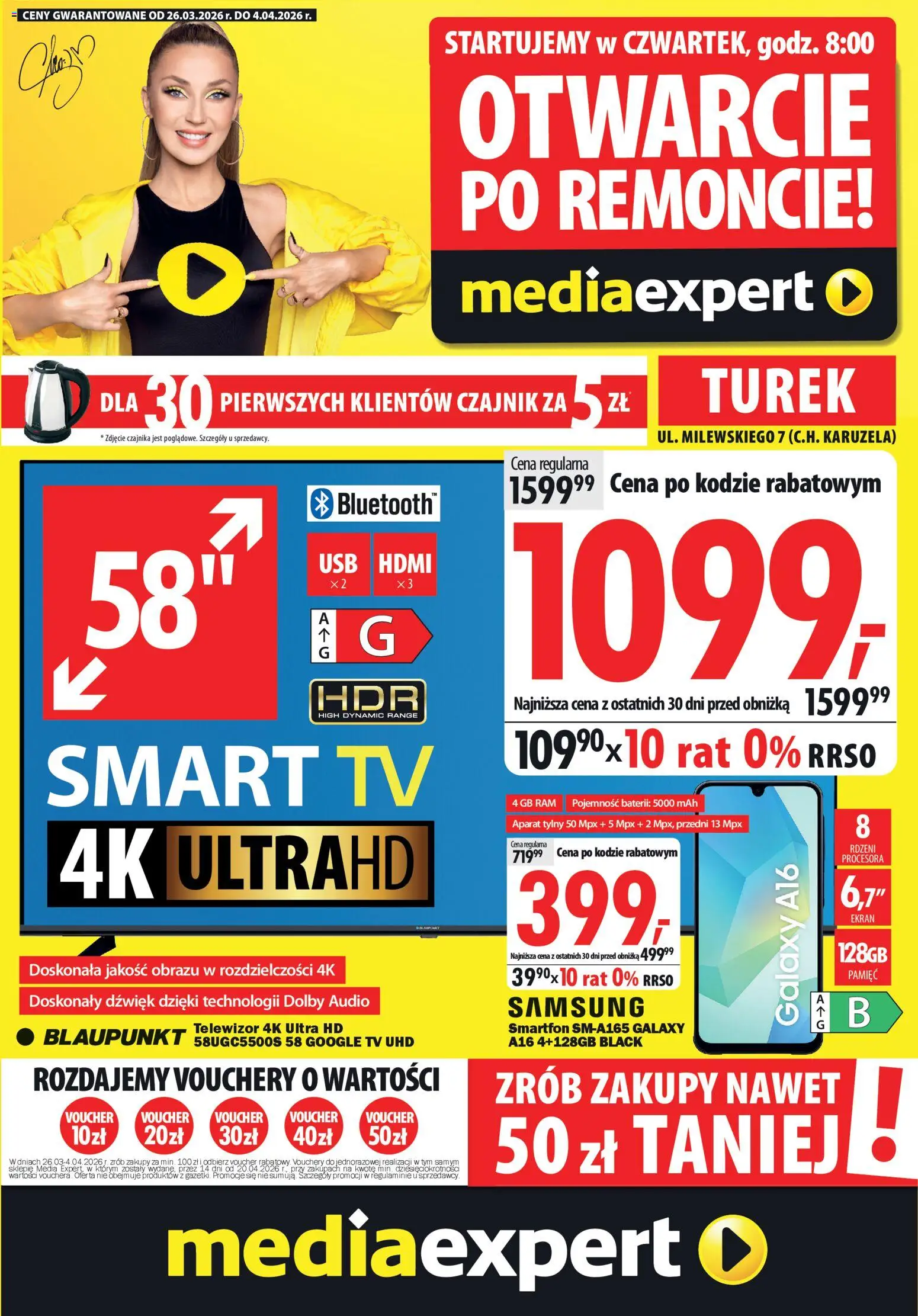 Mediaexpert promocje - Otwarcie po remoncie Turek od 26.03.2026 | Strona: 1 | Produkty: Smartfon, Telewizor, Audio, Czajnik