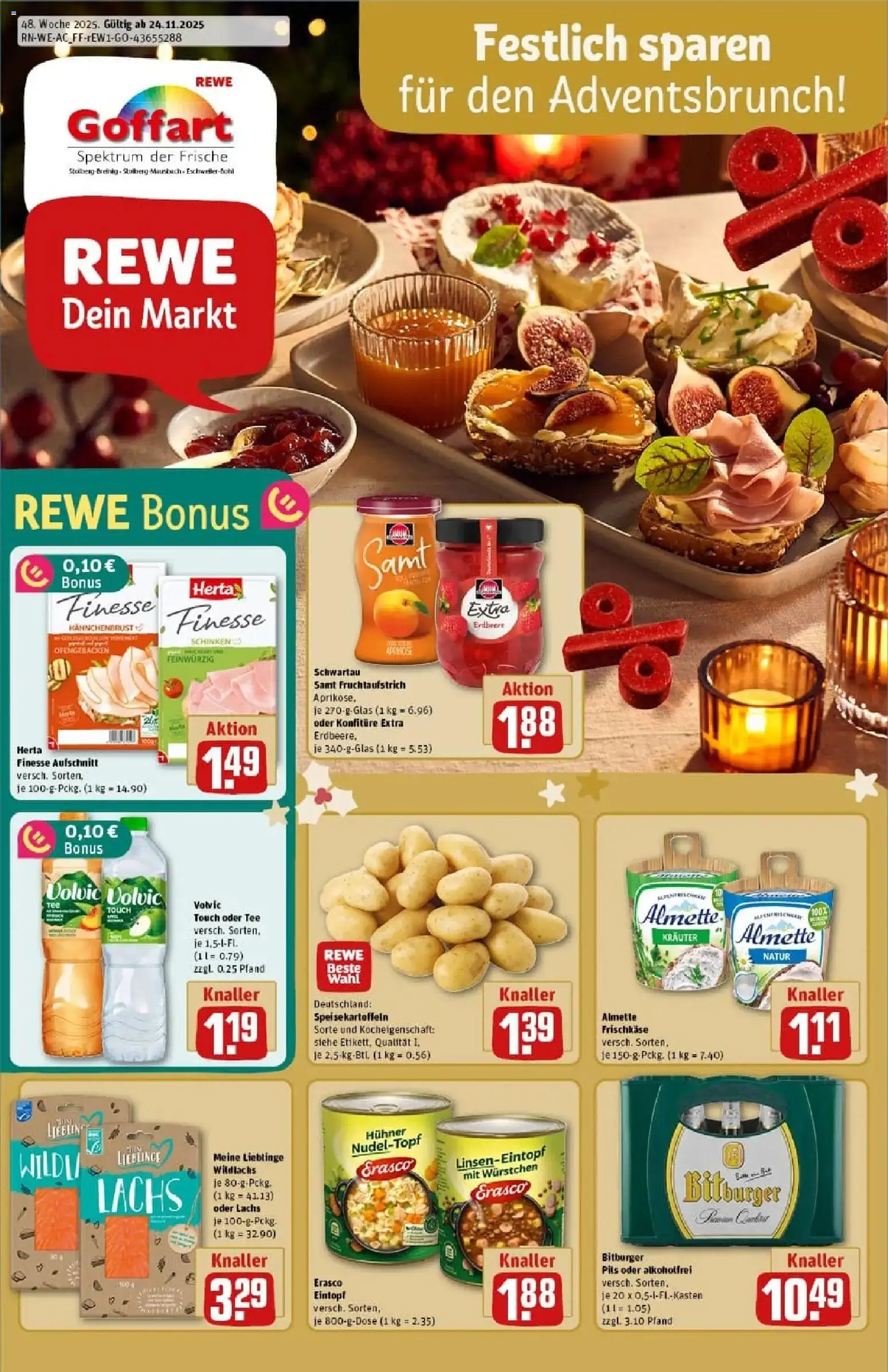 Rewe prospekt Stolberg / Mausbach	 – gültig ab 23.11.2025 | Seite: 1 | Produkte: Almette, Tee, Volvic, Hahnchenbrust