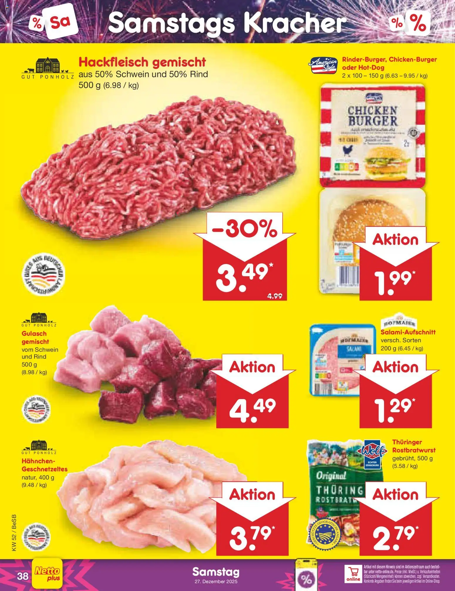 Netto Marken-Discount Prospekt 	 – gültig ab 22.12.2025 | Seite: 42 | Produkte: Hahnchen, Burger, Gulasch, Hackfleisch