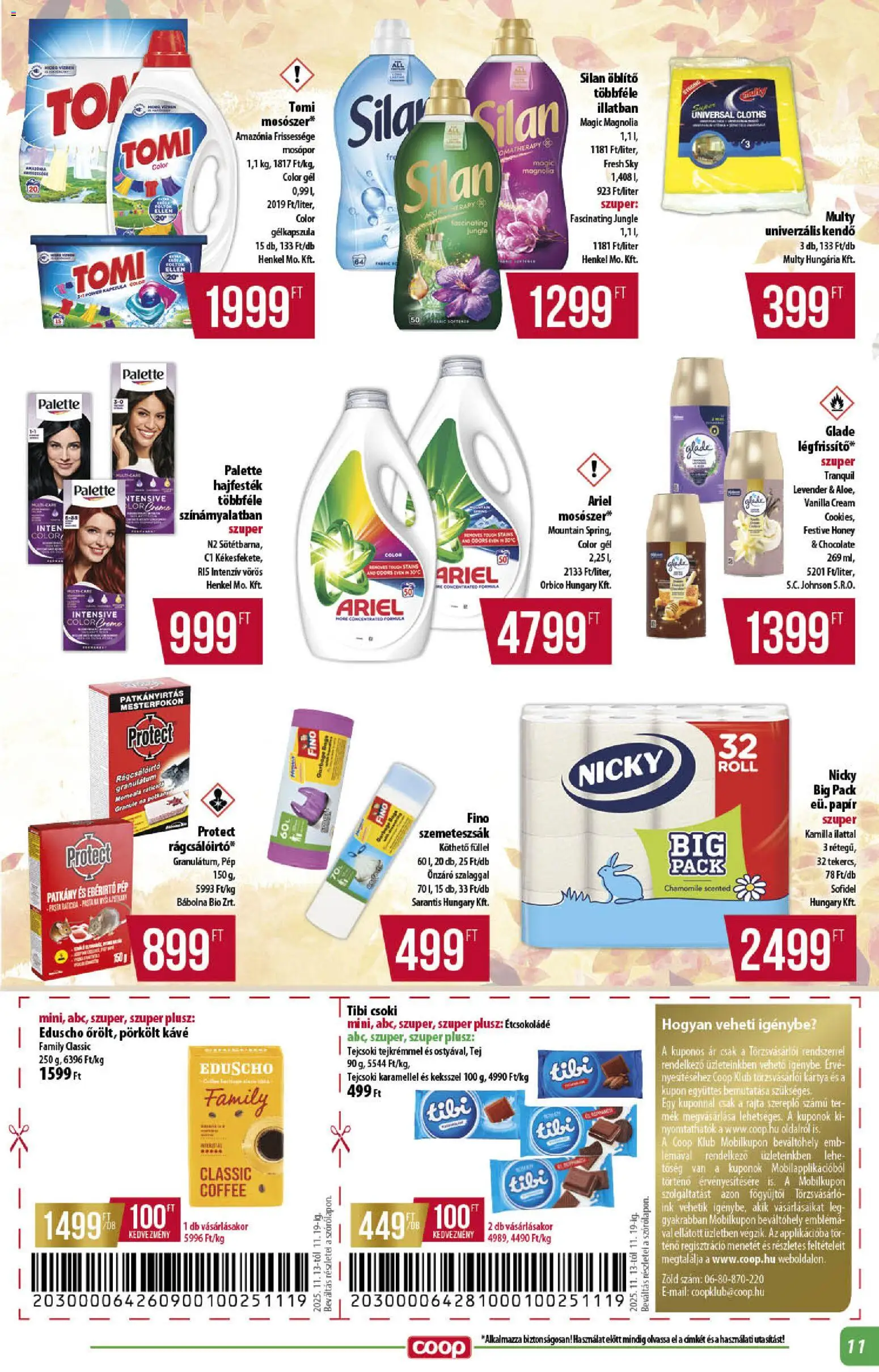 COOP akciós ujság - amely érvényes a következő dátumtól: 13.11.2025 | Oldal: 11 | Termékek: Kendő, Hajfesték, Öblítő, Tej