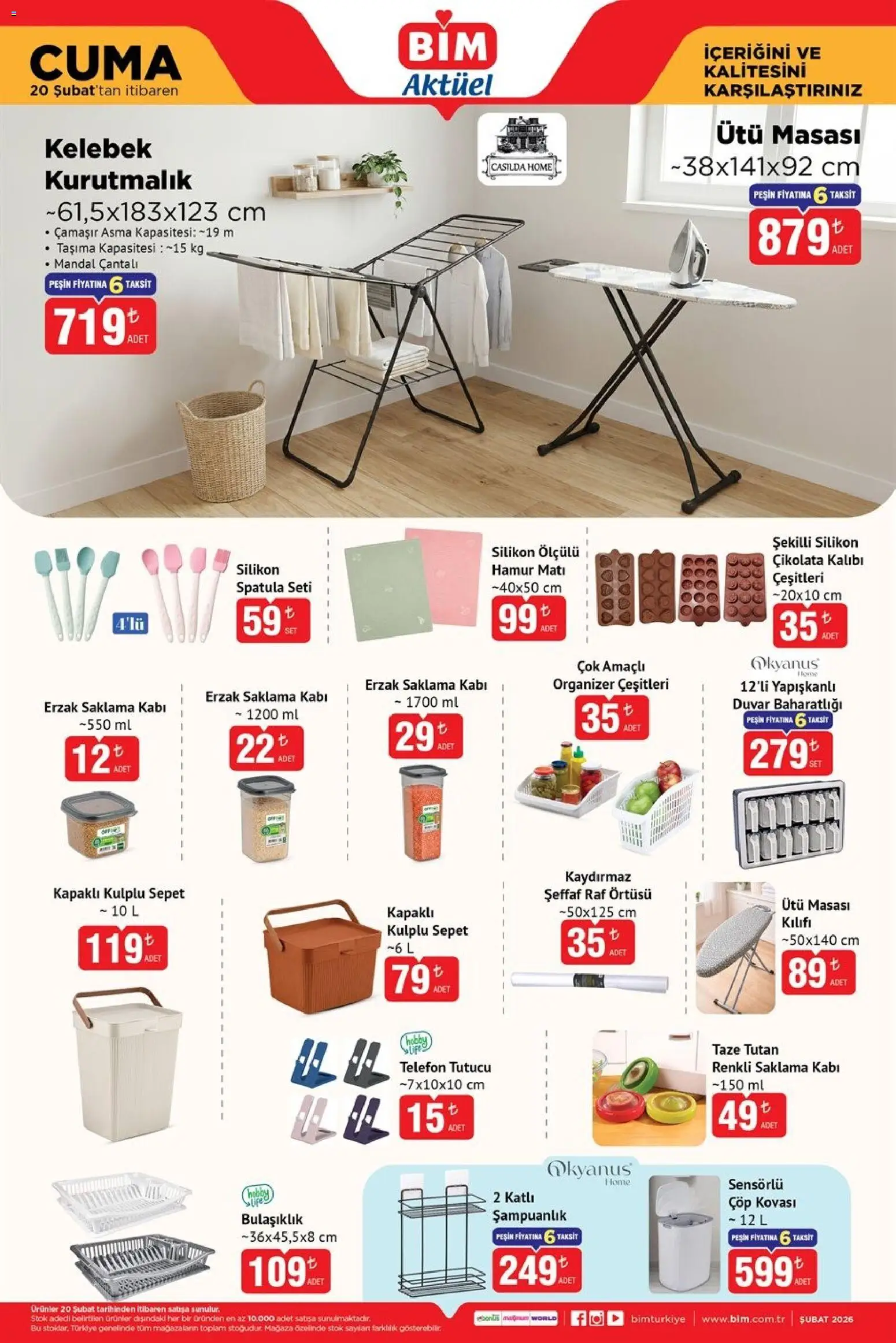 BİM Katalog Cuma - 20.02.2026 tarihinden itibaren geçerlidir | Sayfa: 3 | Ürünler: Ütü masası, Sepet, Spatula, Telefon