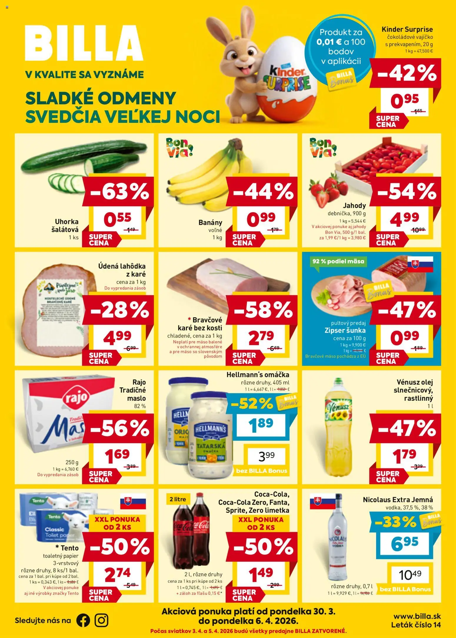 Nové Billa akcie – leták je platný od 30.03.2026 | Strana: 1 | Produkty: Šunka, Banány, Toaletný papier, Omáčka