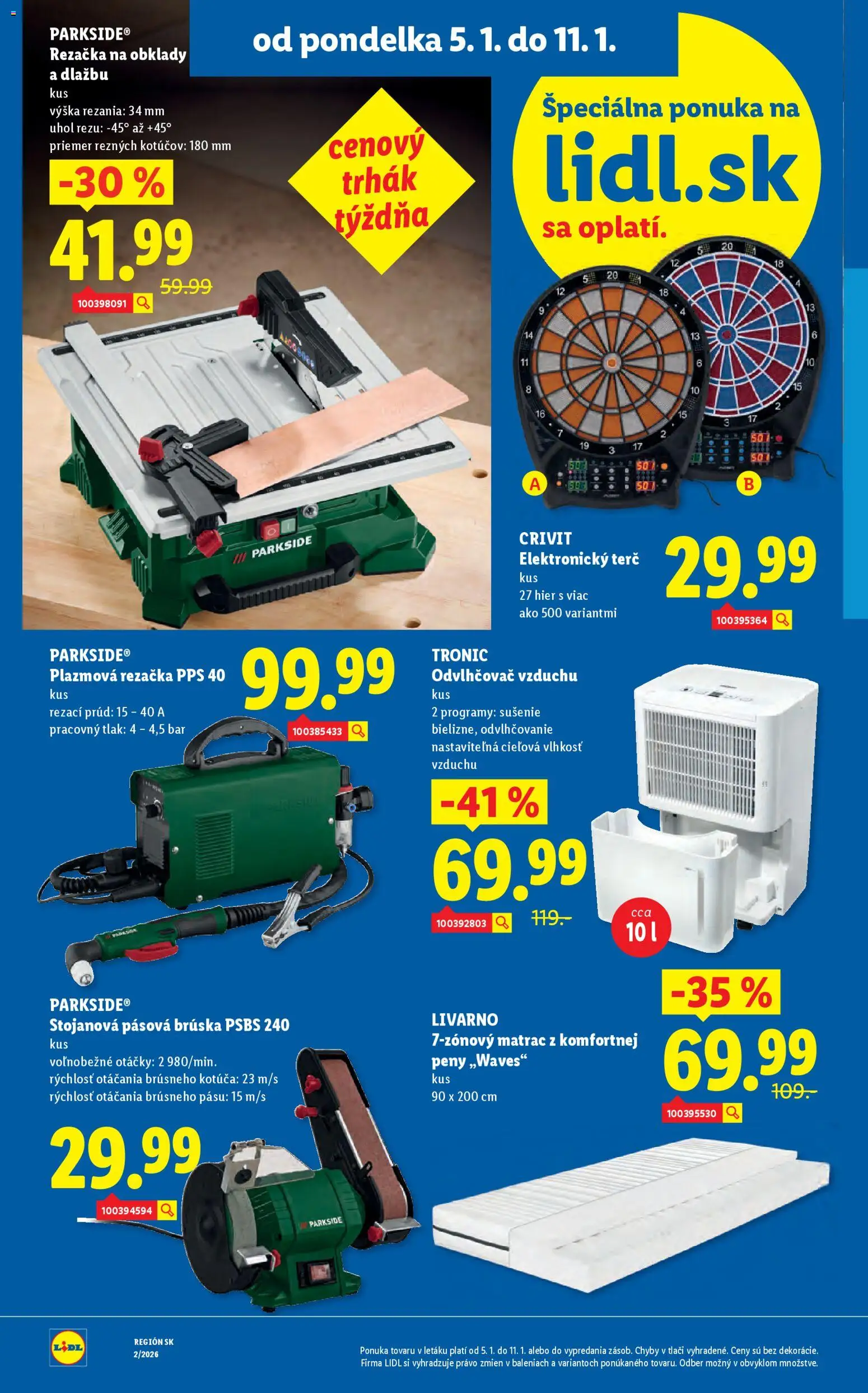 Nové Lidl akcie – leták je platný od 05.01.2026 | Strana: 48 | Produkty: Matrac, Odvlhčovač vzduchu, Odvlhčovač, Pásova brúska