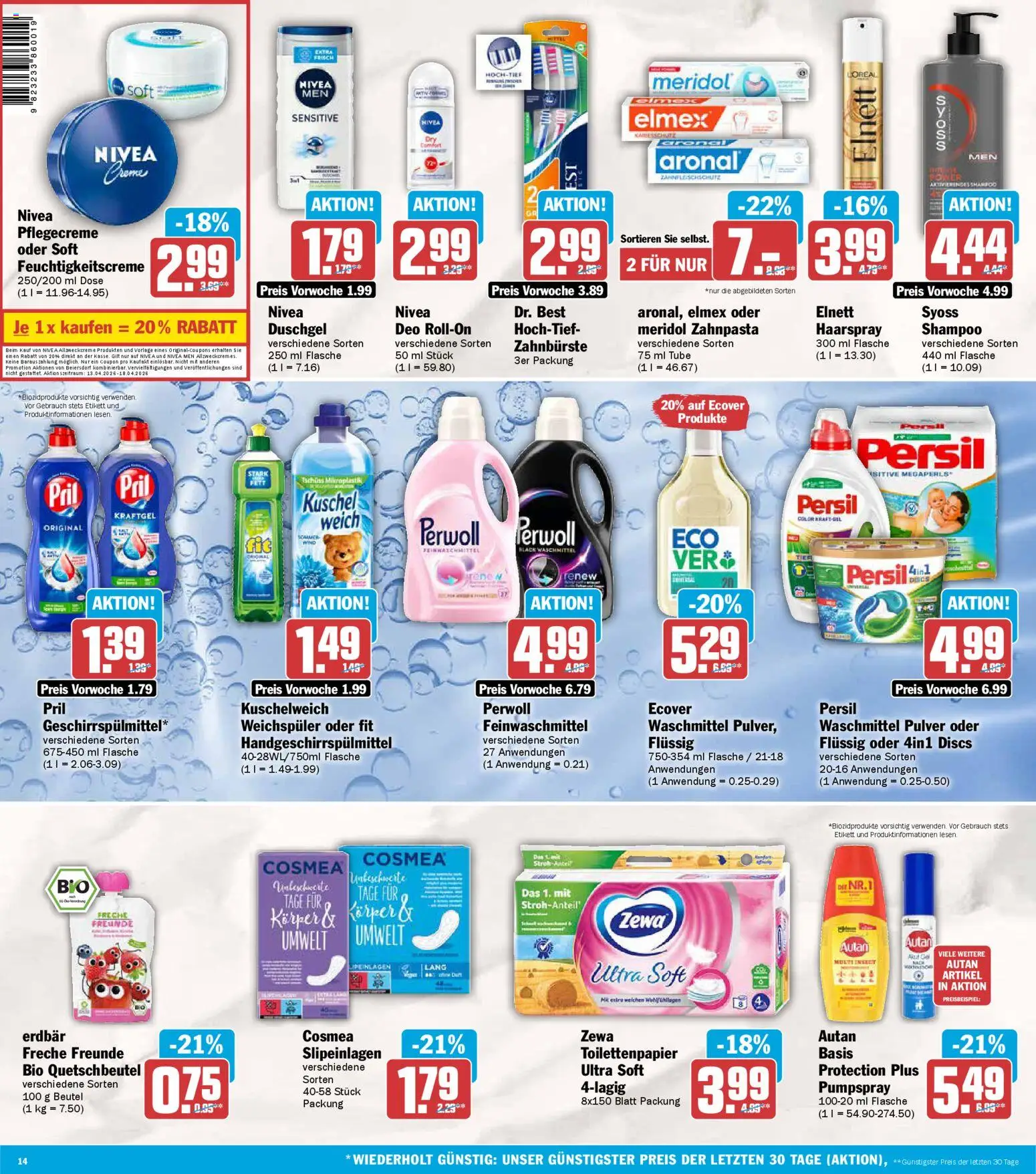 AEZ Prospekt 	 – gültig ab 13.04.2026 | Seite: 14 | Produkte: Kuschelweich, Shampoo, Haarspray, Waschmittel