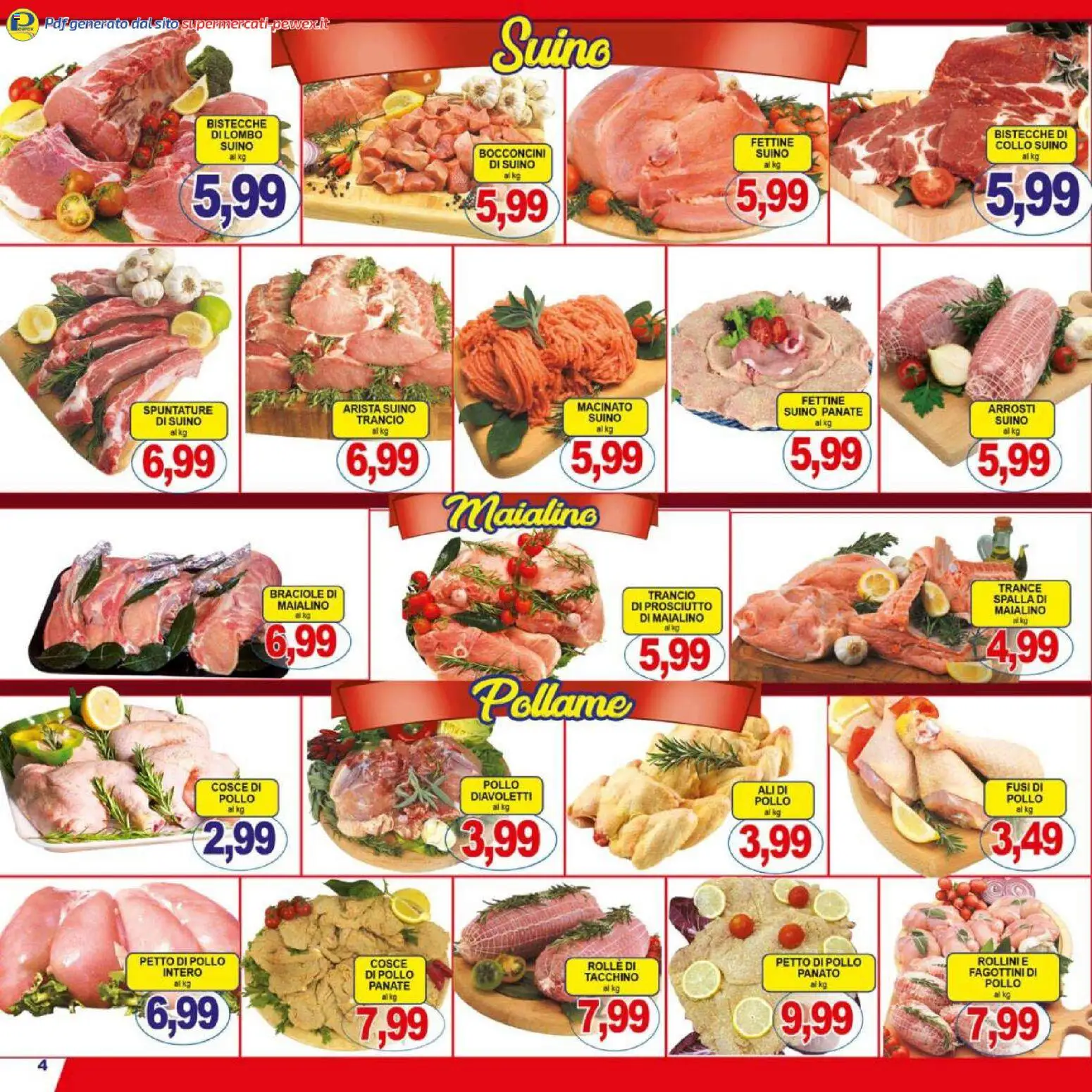 Volantino Pewex del 16.01.2026 | Pagina: 4 | Prodotti: Petto di Pollo, Pollo, Prosciutto, Cosce di pollo