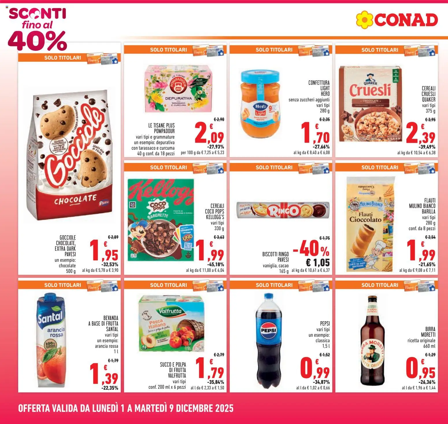 Volantino Conad del 01.12.2025 | Pagina: 4 | Prodotti: Cereali, Olio, Birra Moretti, Cacao
