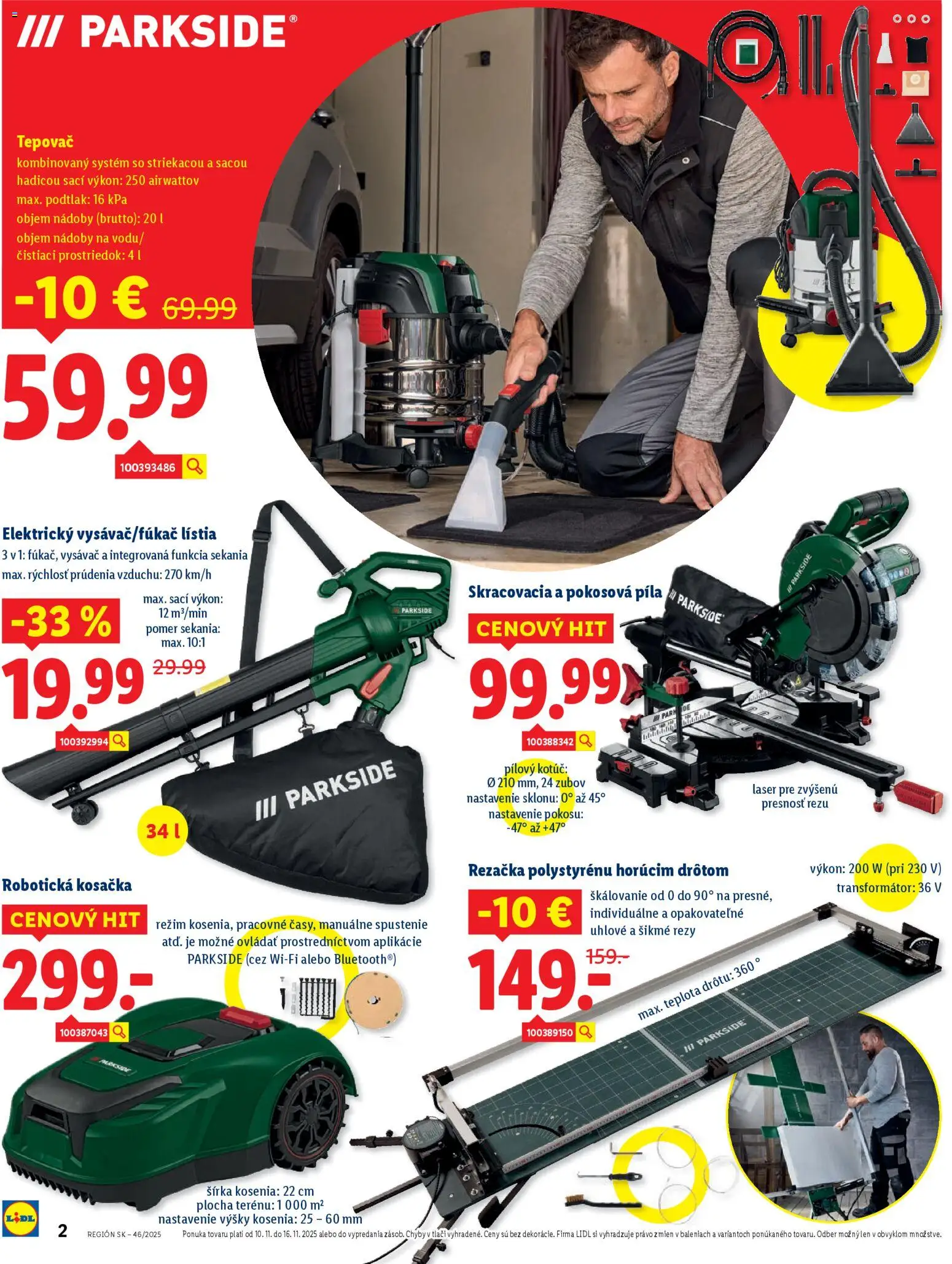 Nové Lidl akcie – leták je platný od 10.11.2025 | Strana: 2 | Produkty: Robotická kosačka, Laser, Kosačka, Píla