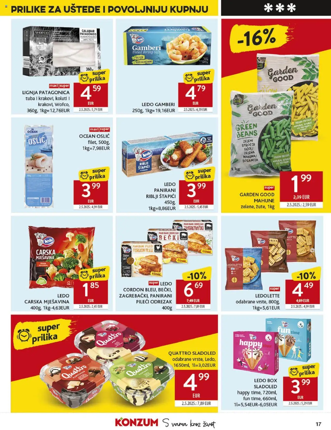 Konzum katalog | vrijedi od 10.09.2025 | Stranica: 17 | Proizvodi: Sladoled, Štapići, Oslić, Lignja Patagonica