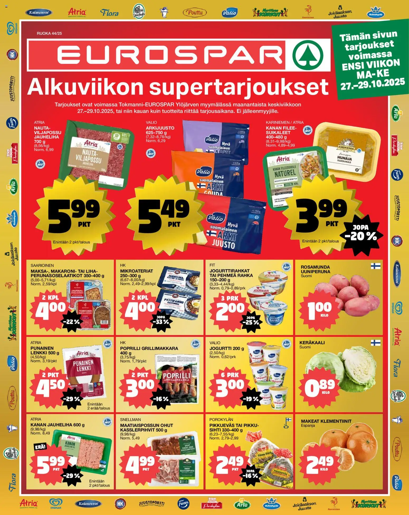 Tokmanni - EUROSPAR Ylöjärvi Ruokasanomat – voimassa 27.10.2025 alkaen | Sivu: 1 | Tuotteet: Jauheliha, Jogurtti, Klementiinit, Hunaja