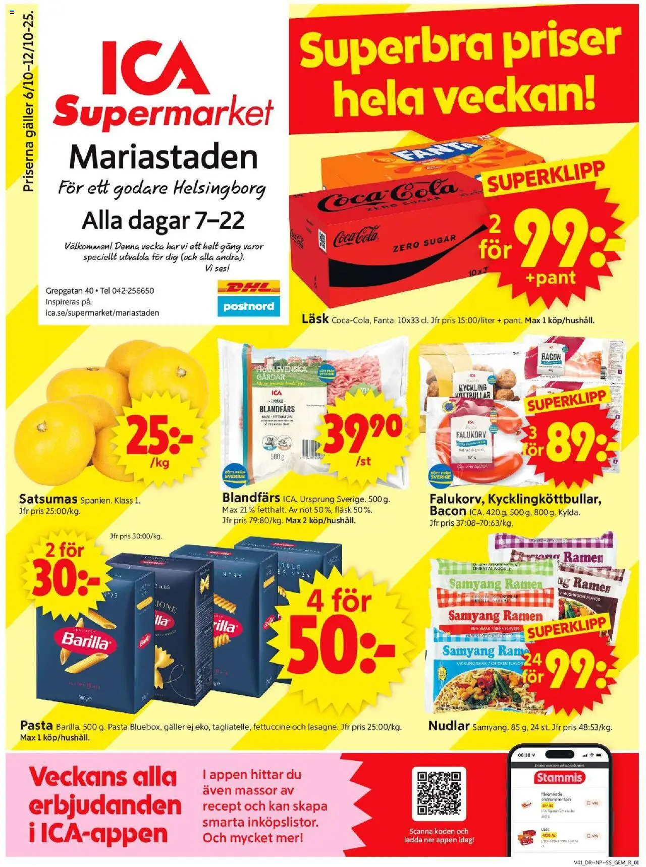 ICA Supermarket reklamblad aktuell från 06.10.2025 | Sida: 1 | Produkter: Gem, Köttbullar, Bacon, Fläsk