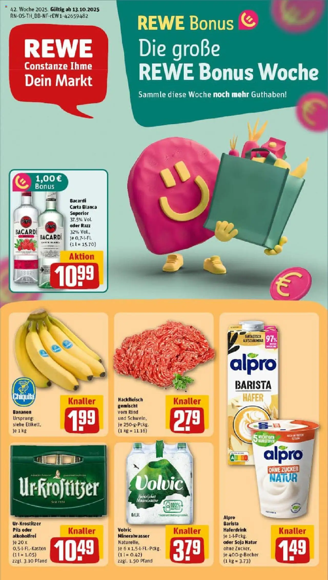 Rewe prospekt Heilbad Heiligenstadt	 – gültig ab 13.10.2025 | Seite: 1 | Produkte: Bacardi, Zucker, Volvic, Hackfleisch