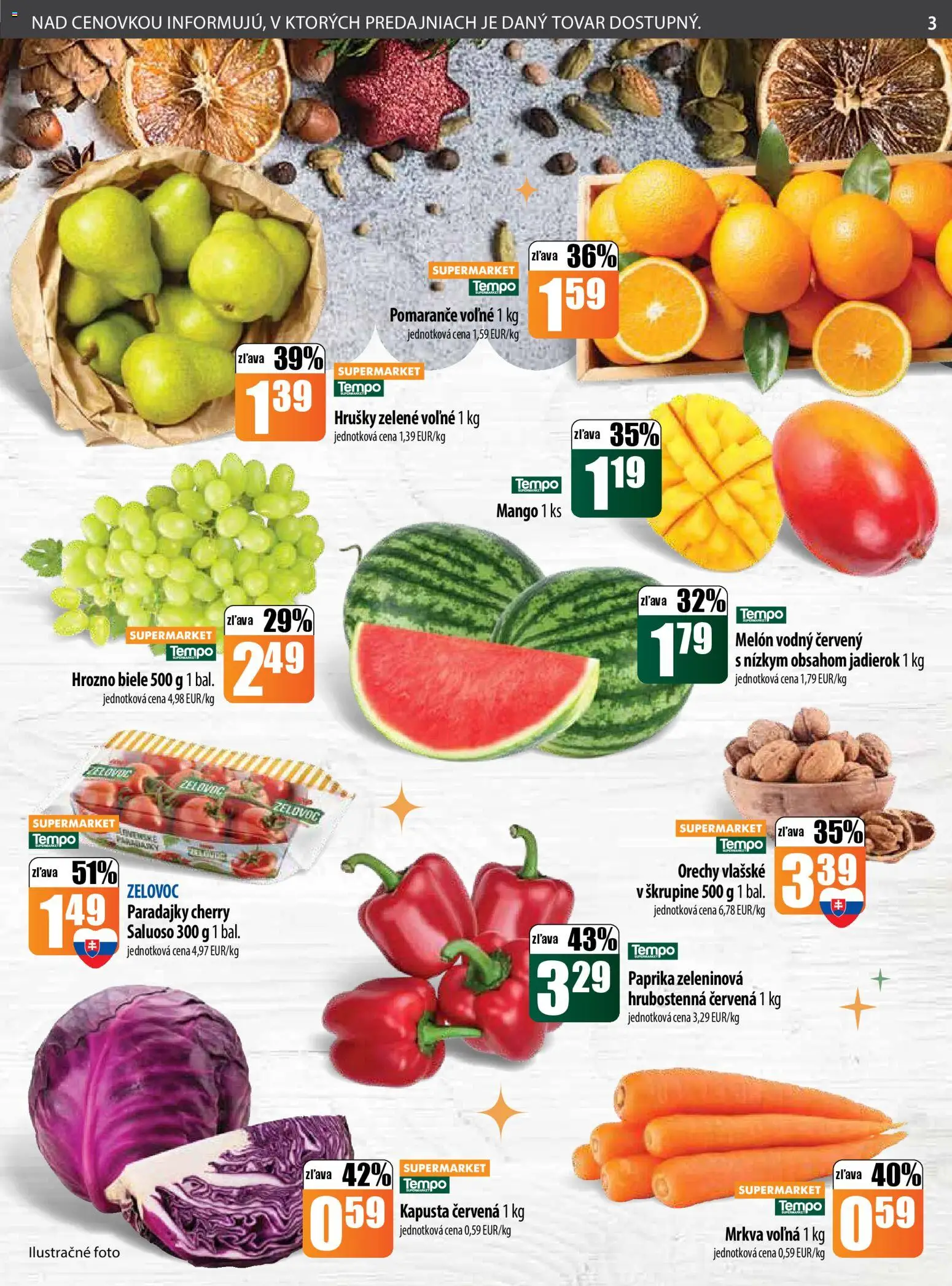 Nové COOP Jednota akcie – leták je platný od 18.12.2025 | Strana: 3 | Produkty: Pomaranče, Paradajky, Orechy, Mango