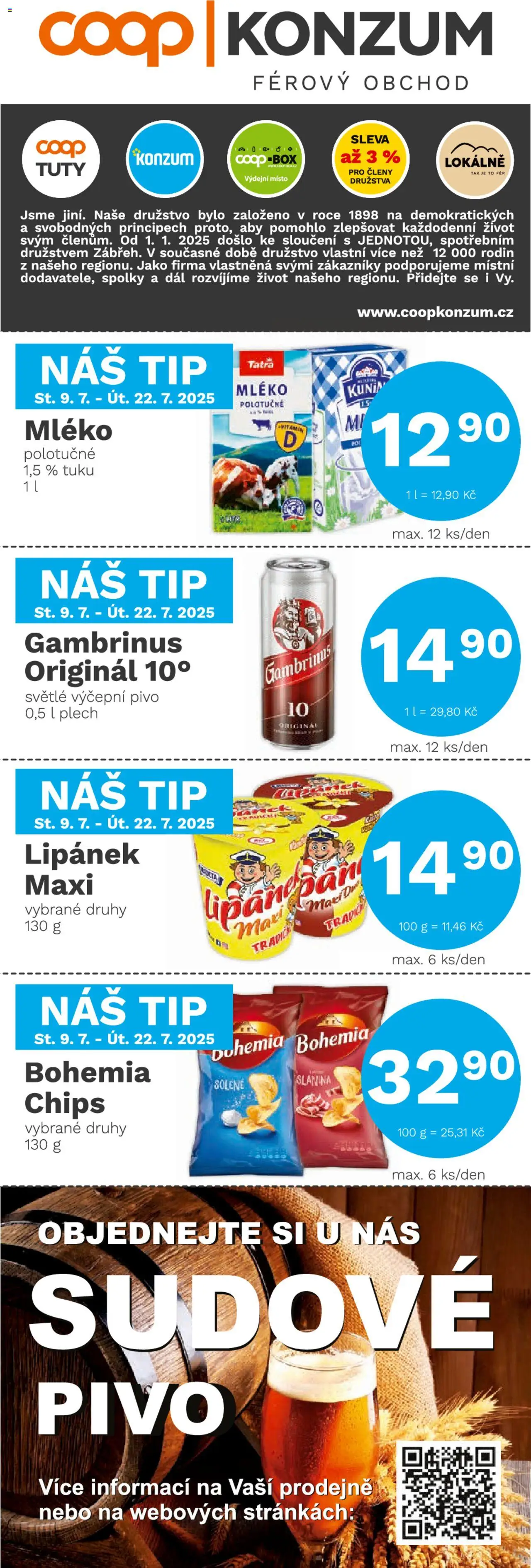 Konzum leták od 09.07.2025 | Strana: 1 | Produkty: Lipánek, Box, Mléko, Gambrinus