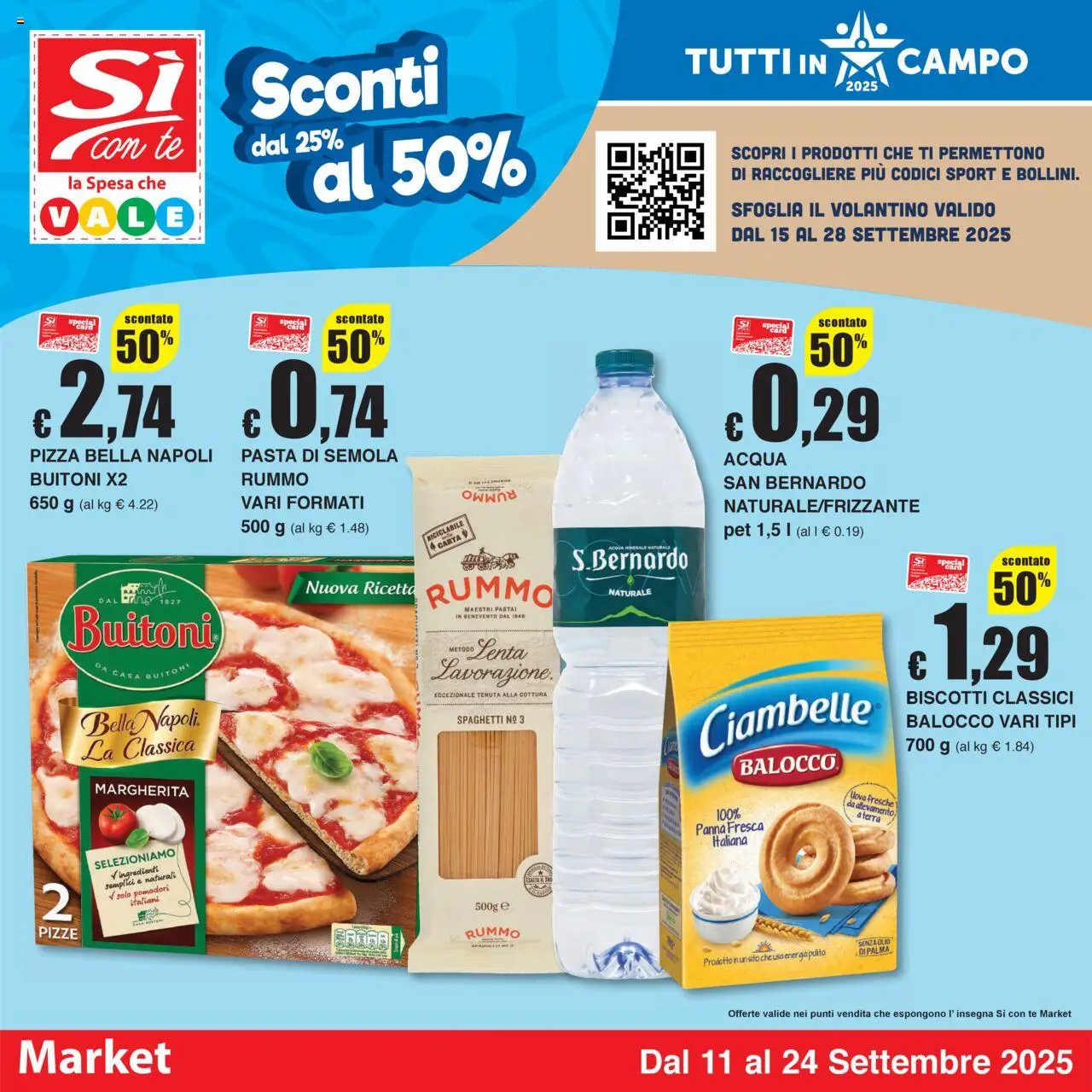 Volantino Sì con Te del 11.09.2025 | Pagina: 1 | Prodotti: Pizza, Biscotti, Pasta, Mais