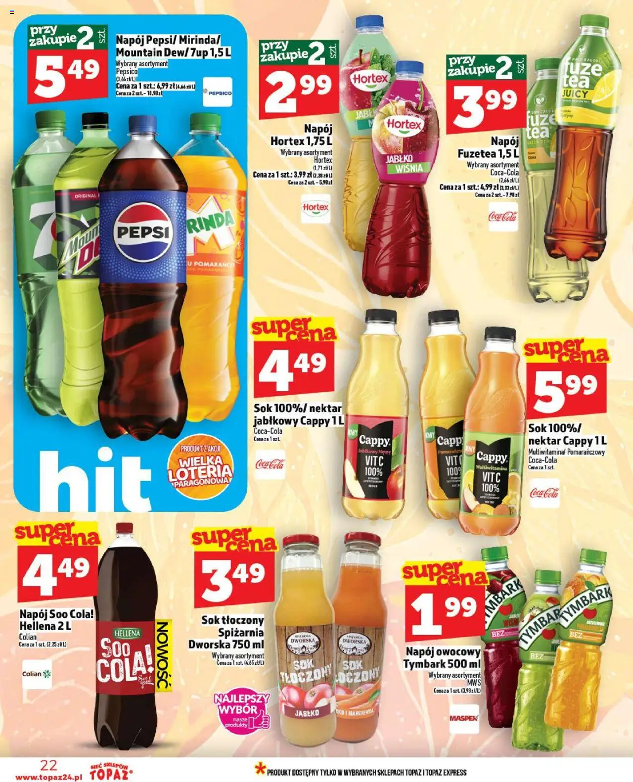 Topaz Gazetka - Ceny małe na stałe od 02.10.2025 | Strona: 22 | Produkty: Pepsi, Coca cola, Sok, Marchewka