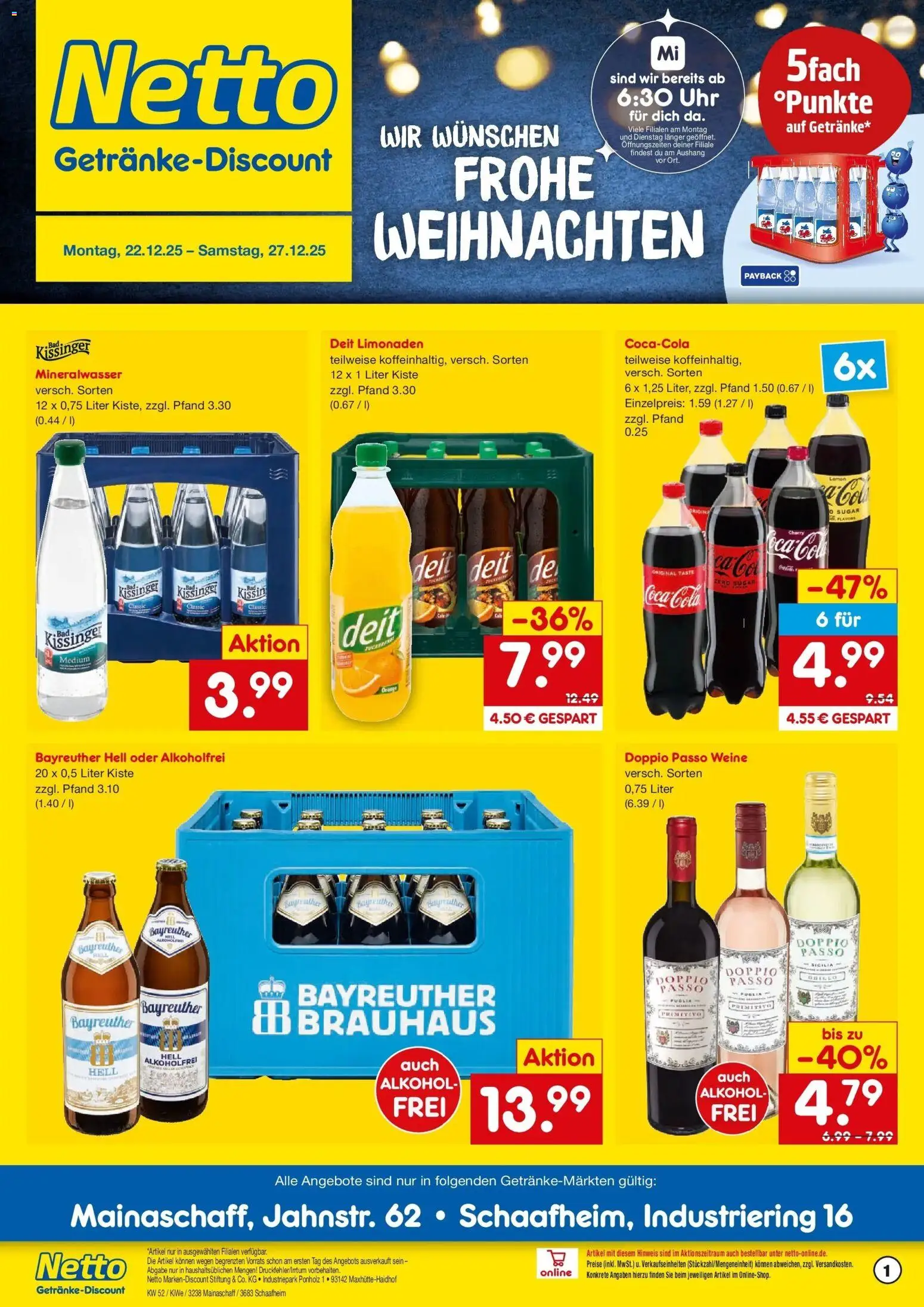 Netto Marken-Discount prospekt Mainaschaff	 – gültig ab 22.12.2025 | Seite: 1 | Produkte: Bayreuther hell, Cola, Mineralwasser, Doppio Passo