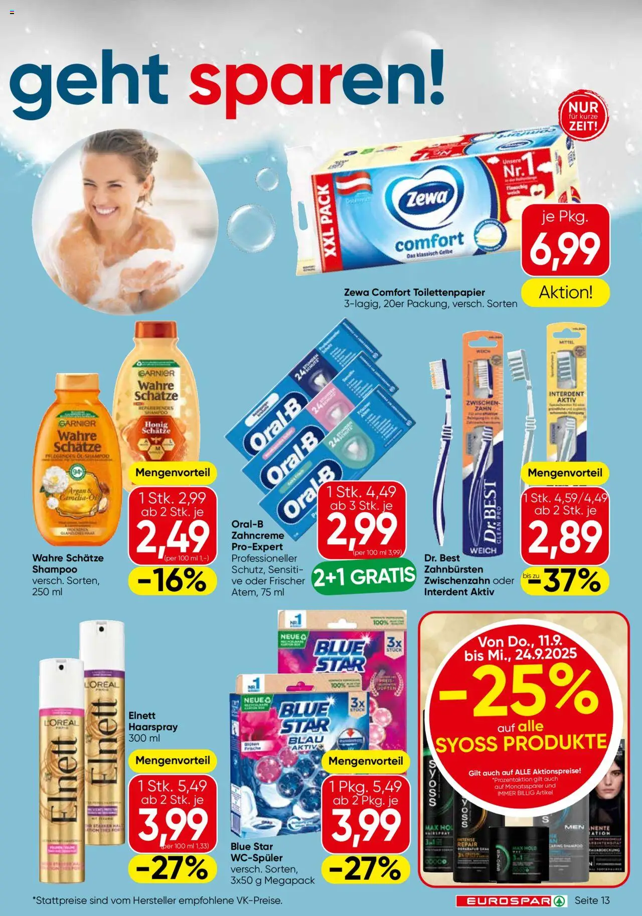Eurospar Flugblatt - Vorarlberg gültig ab 11.09.2025 | Seite: 13 | Produkte: Shampoo, Haarspray