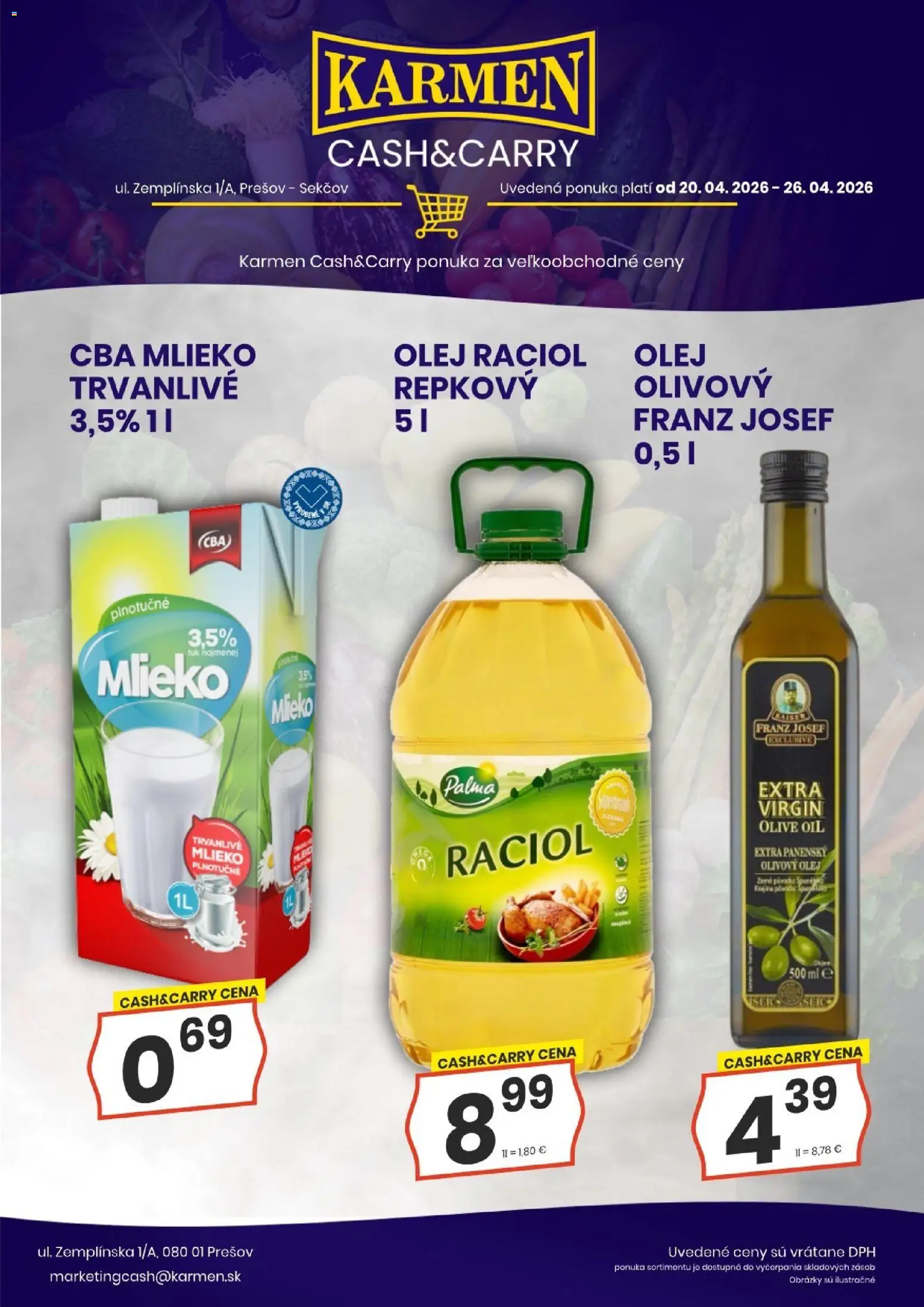 Nové KARMEN CBA akcie – leták je platný od 20.04.2026 | Strana: 4 | Produkty: Mlieko, Olej, Olivový olej, Raciol olej