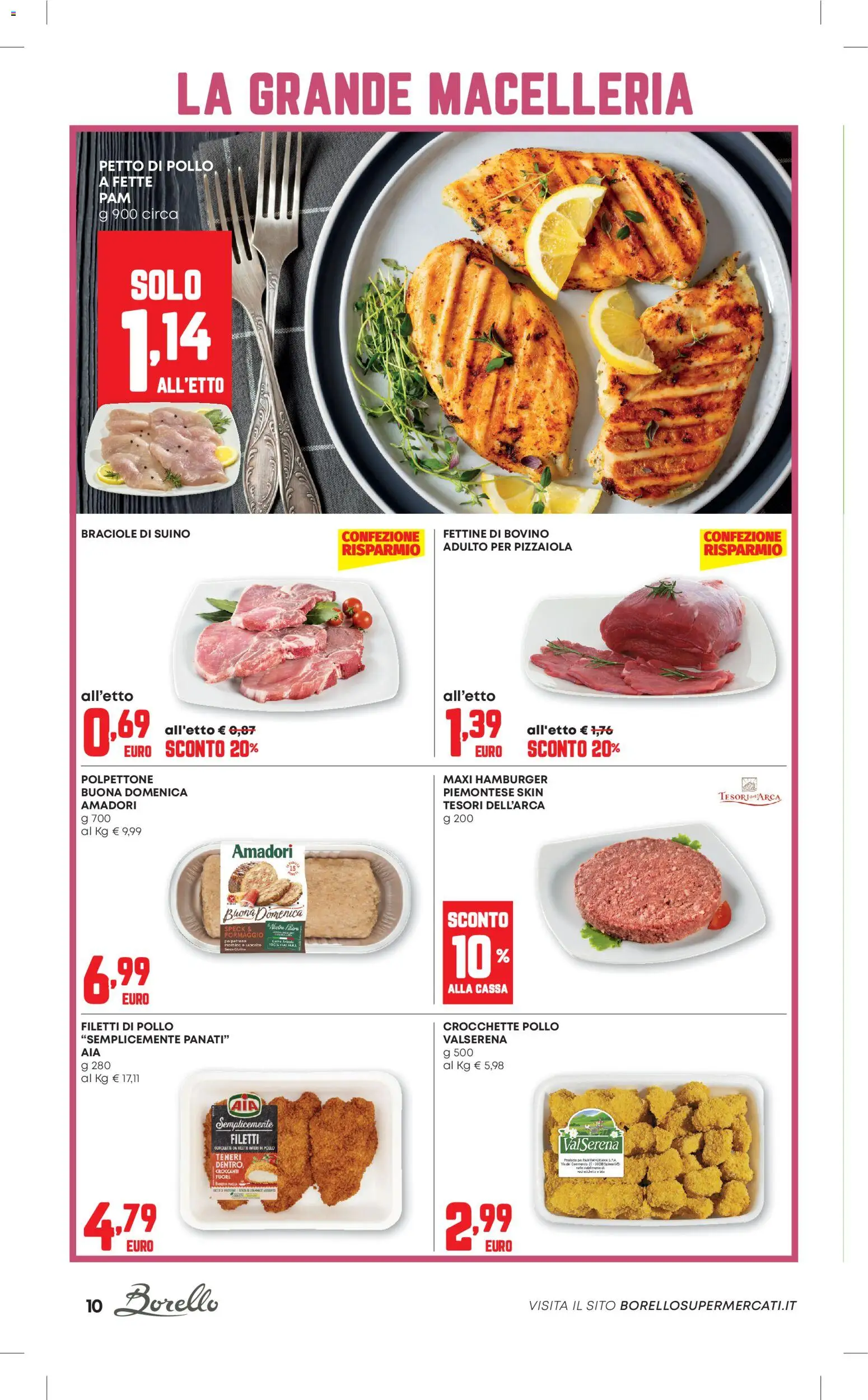 Volantino Borello Supermercati del 20.11.2025 | Pagina: 10 | Prodotti: Bovino, Pollo, Formaggio, Hamburger