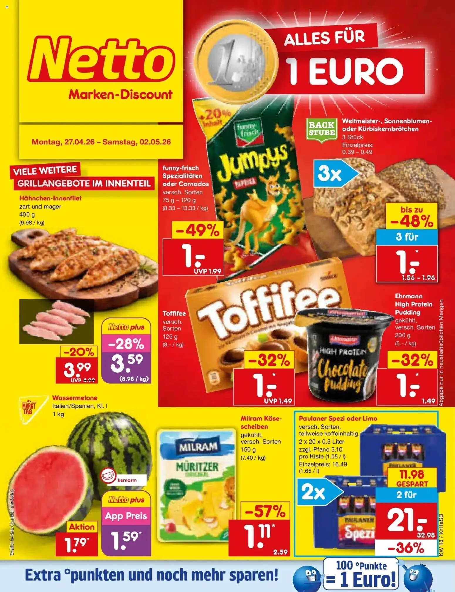Netto Marken-Discount Prospekt Jüchen	 – gültig ab 27.04.2026 | Seite: 1 | Produkte: Milram, Toffifee, Wassermelone, Paulaner
