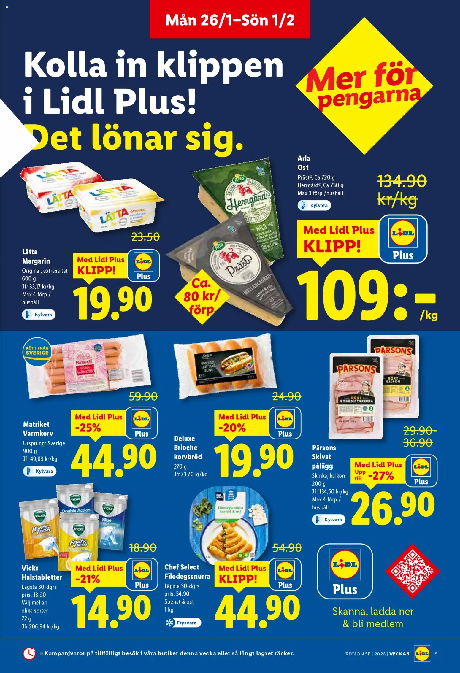 Lidl reklamblad aktuell från 26.01.2026 | Sida: 5 | Produkter: Halstabletter, Varmkorv, Ost, Kalkon