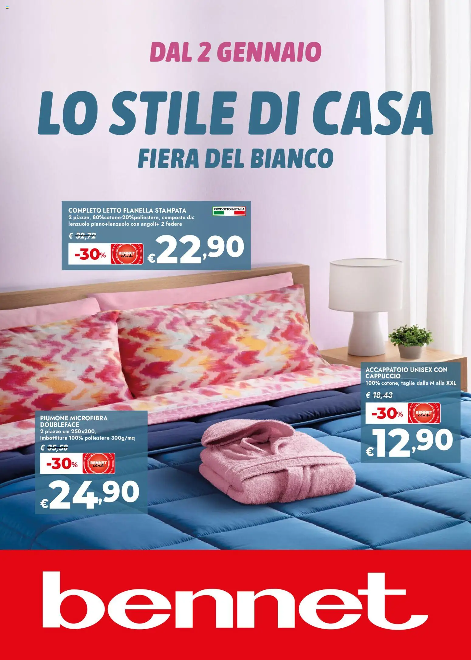Volantino bennet del 02.01.2026 | Pagina: 1 | Prodotti: Accappatoio, Cappuccio, Letto