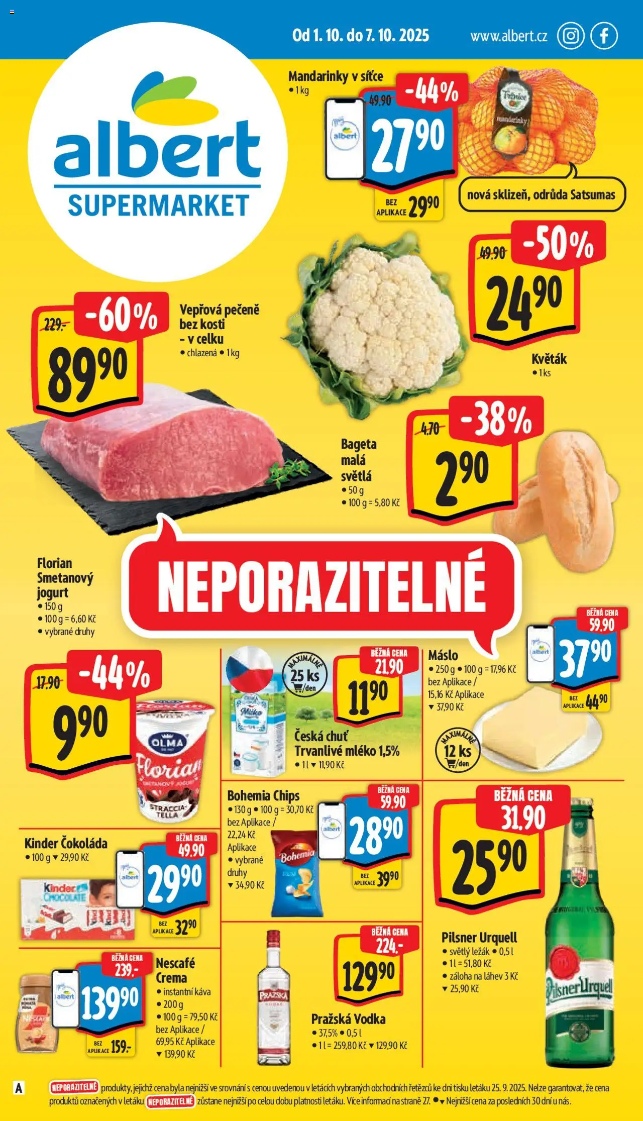 Albert leták - Supermarket od 01.10.2025 | Strana: 1 | Produkty: Máslo, Nescafe Crema, Bohemia chips, Bageta