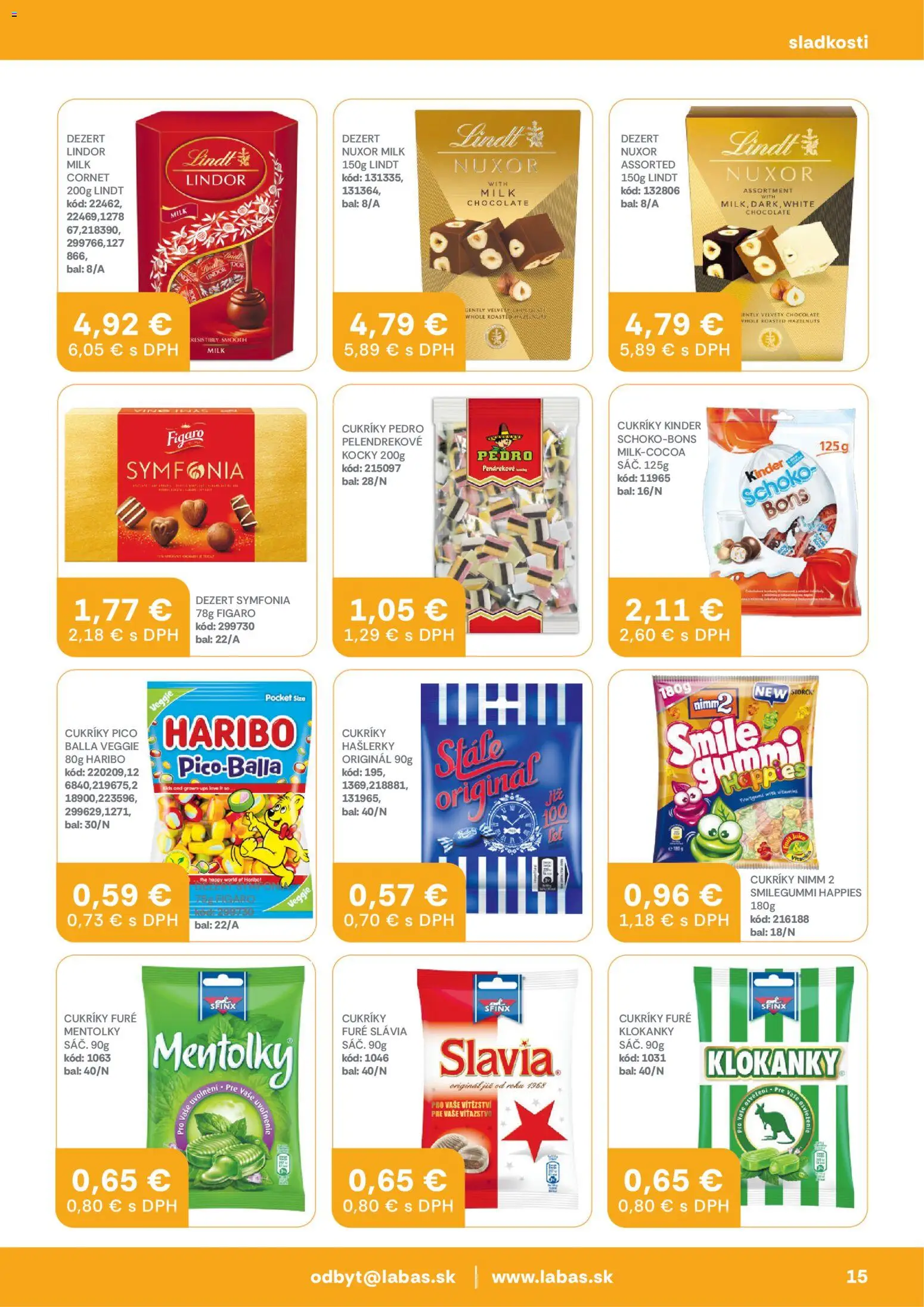 Nové Labaš akcie – leták je platný od 27.03.2026 | Strana: 15 | Produkty: Lindor, Lindt, Kinder, Cukríky
