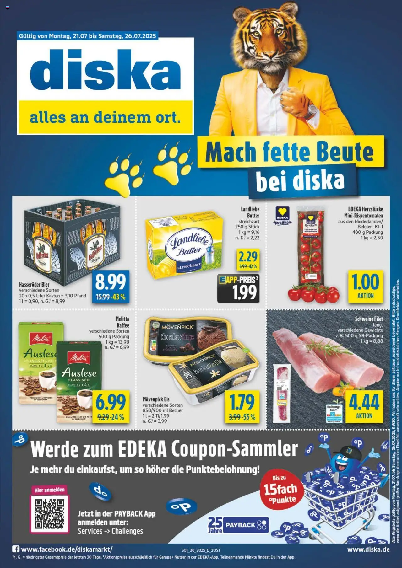 Diska Prospekt 	 - gültig ab dem 21.07.2025 | Seite: 1 | Produkte: Butter, Bier, Hasseröder, Eis