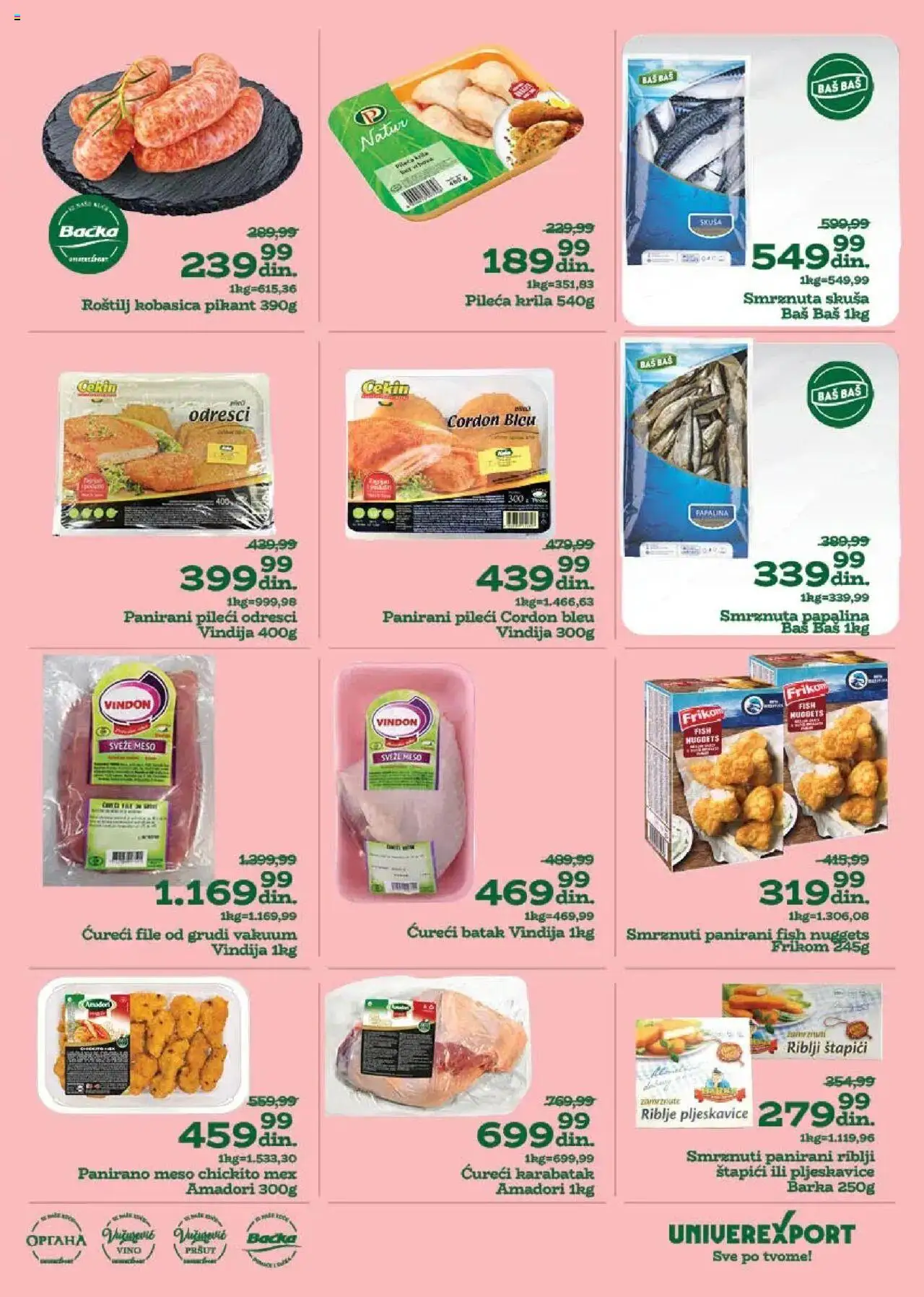 Univerexport katalog - važi od 04.08.2025 | Strana: 3 | Proizvode: Pljeskavice, Riblji štapići, Ćureći file, Vino