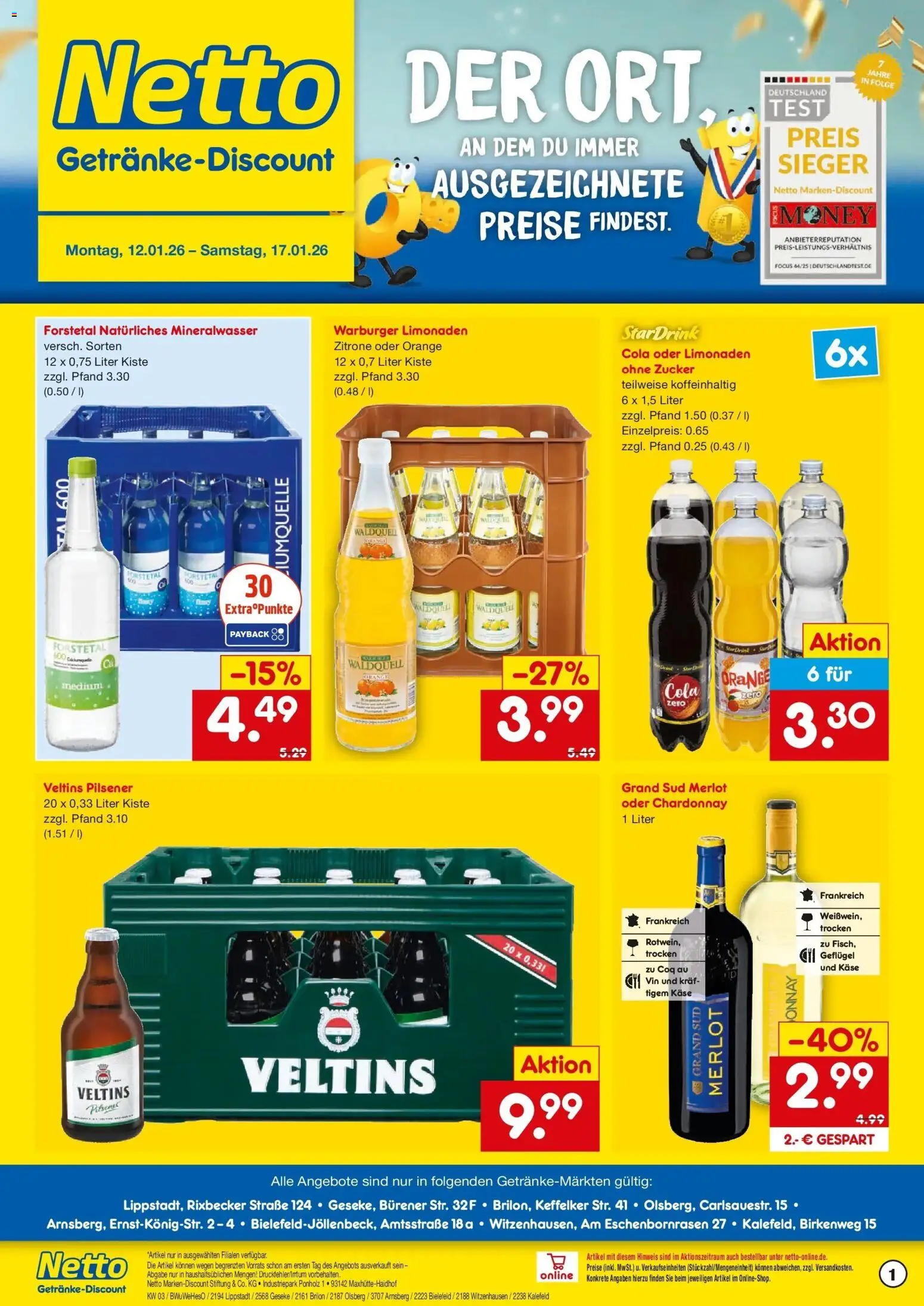 Netto Marken-Discount prospekt Lippstadt	 – gültig ab 12.01.2026 | Seite: 1 | Produkte: Cola, Käse, Merlot, Grand sud
